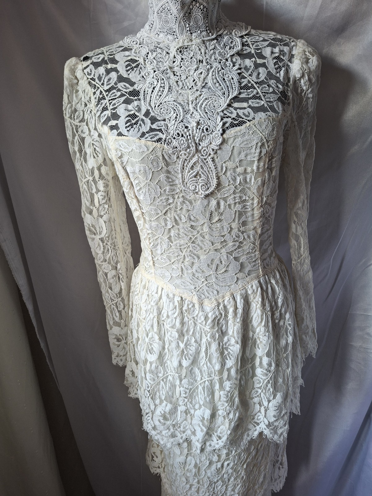 Vintage 80s Jessica McClintock Lace Bridal Dress Ivory Victorian High Neck Boho
