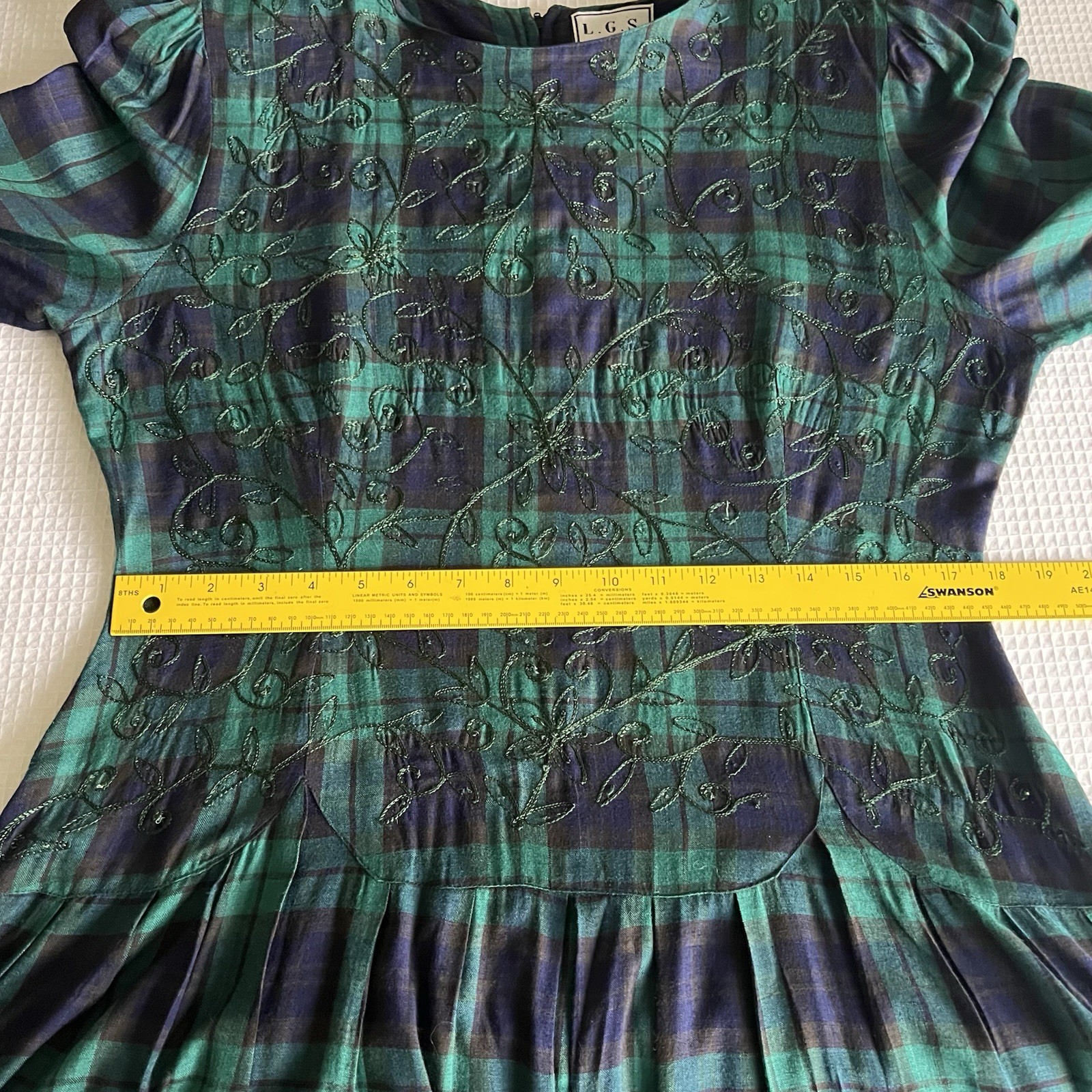 VTG LGS 90s Plaid Embroidered Drop Waist Maxi Dress 12 Tartan Plaid Shoulder Pad