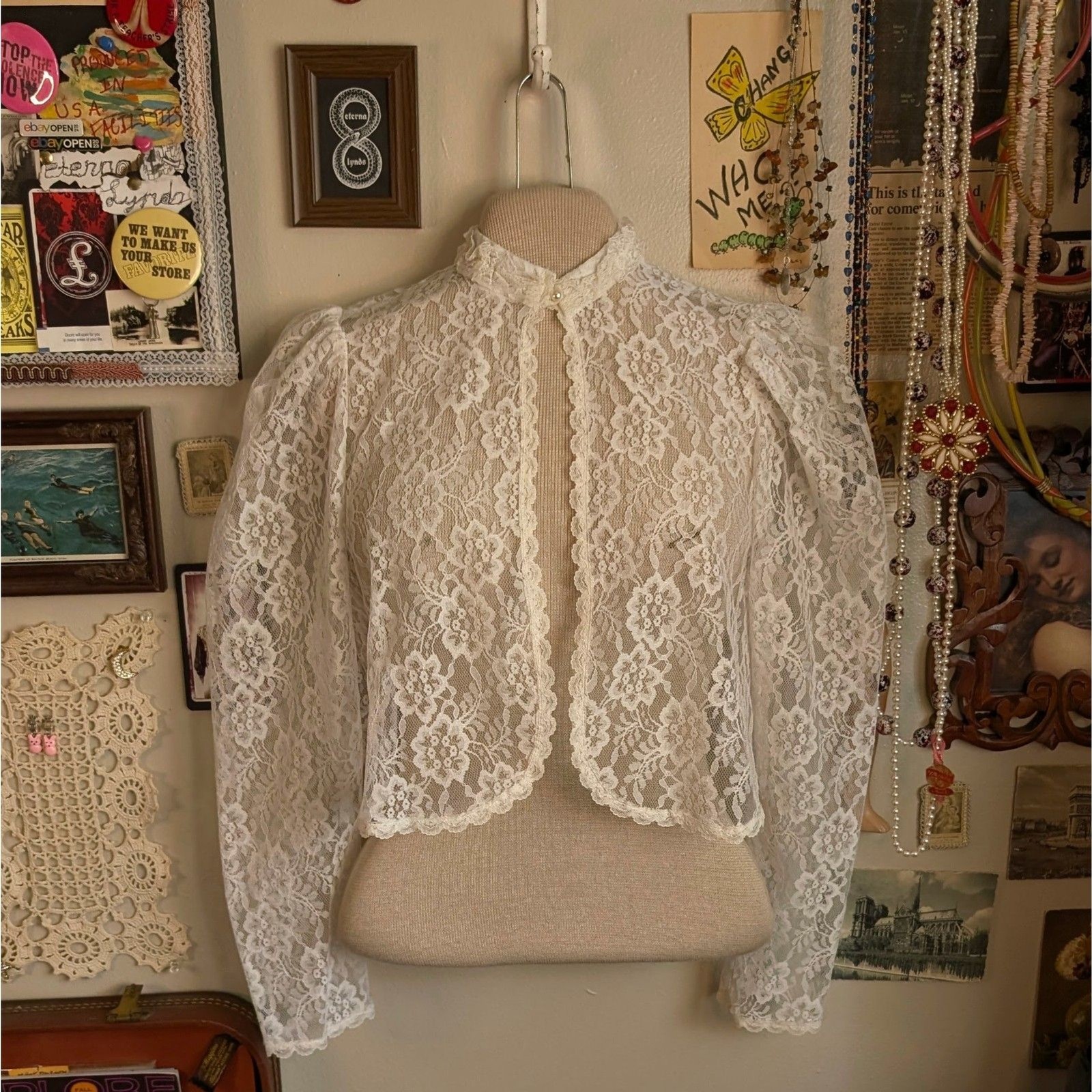 Vintage Gunne Sax Lace Bolero Jacket Women’s 5 S/M White High Neck Puff Sleeve