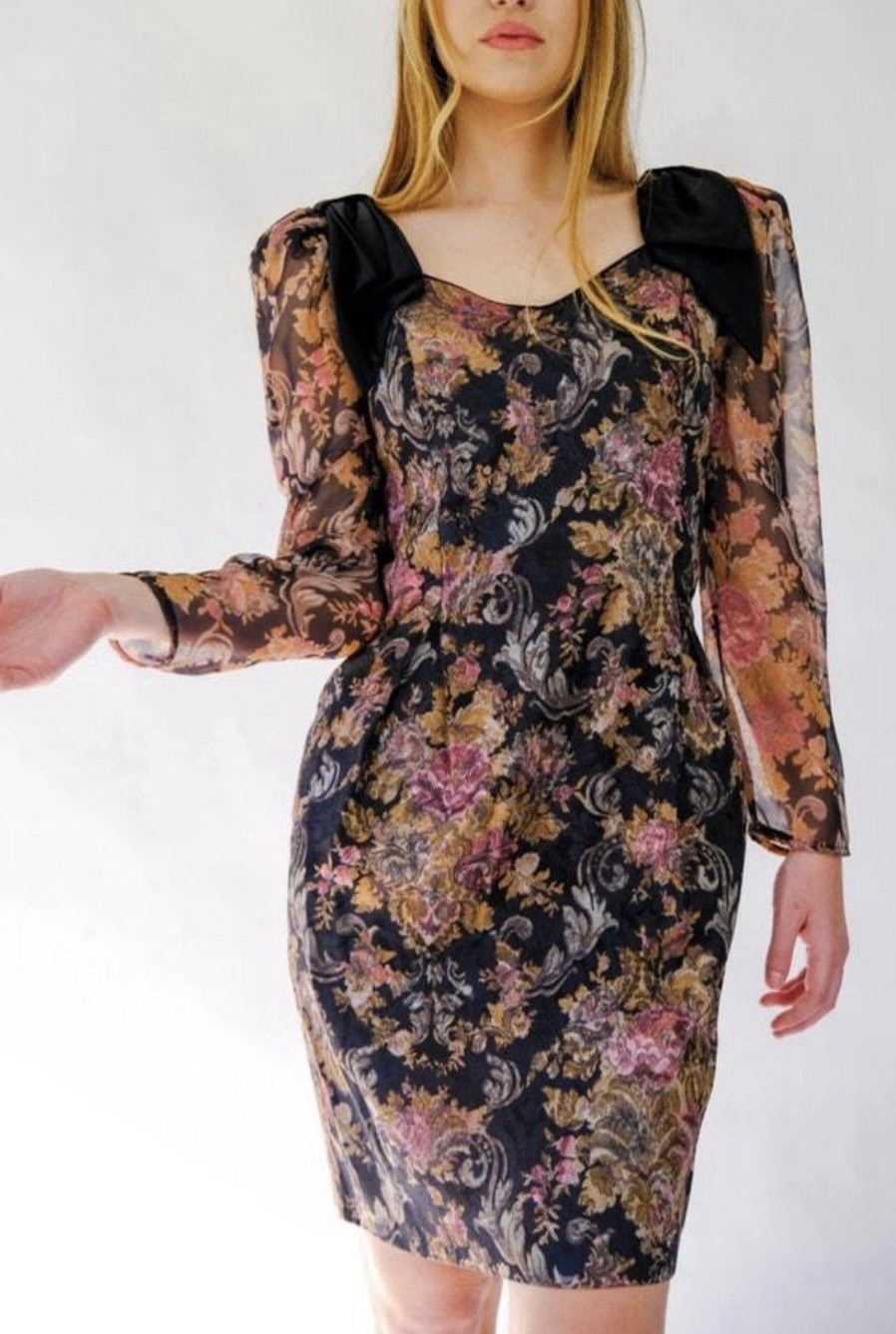 Vtg 80s Floral Brocade Mini Dress S Beige Black Bow Sheer Sleeve Pleated Classic