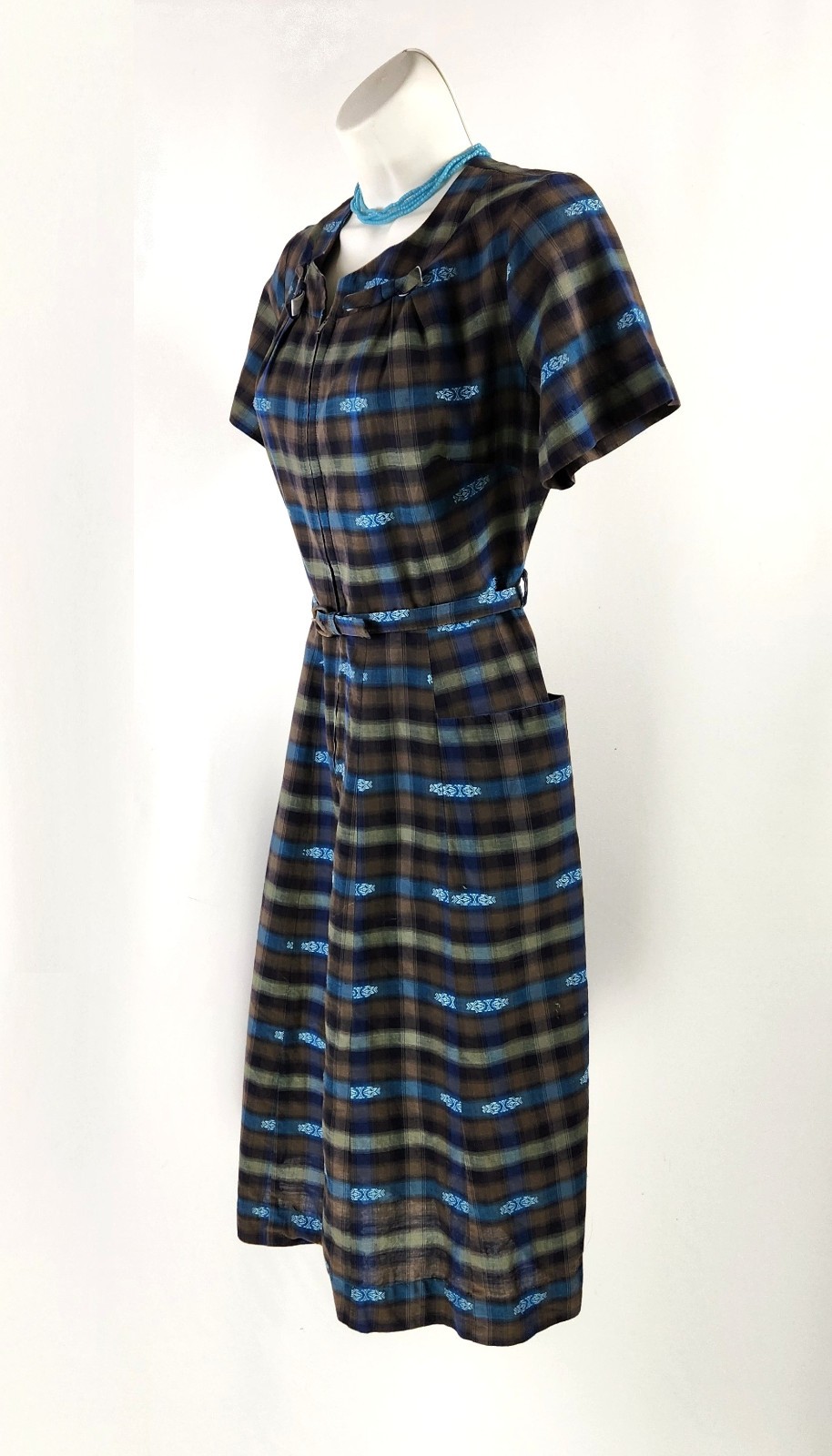 Vtg 1940s Cotton striped embroidery Day Shirt Dress Zip front pockets Belt W30″M