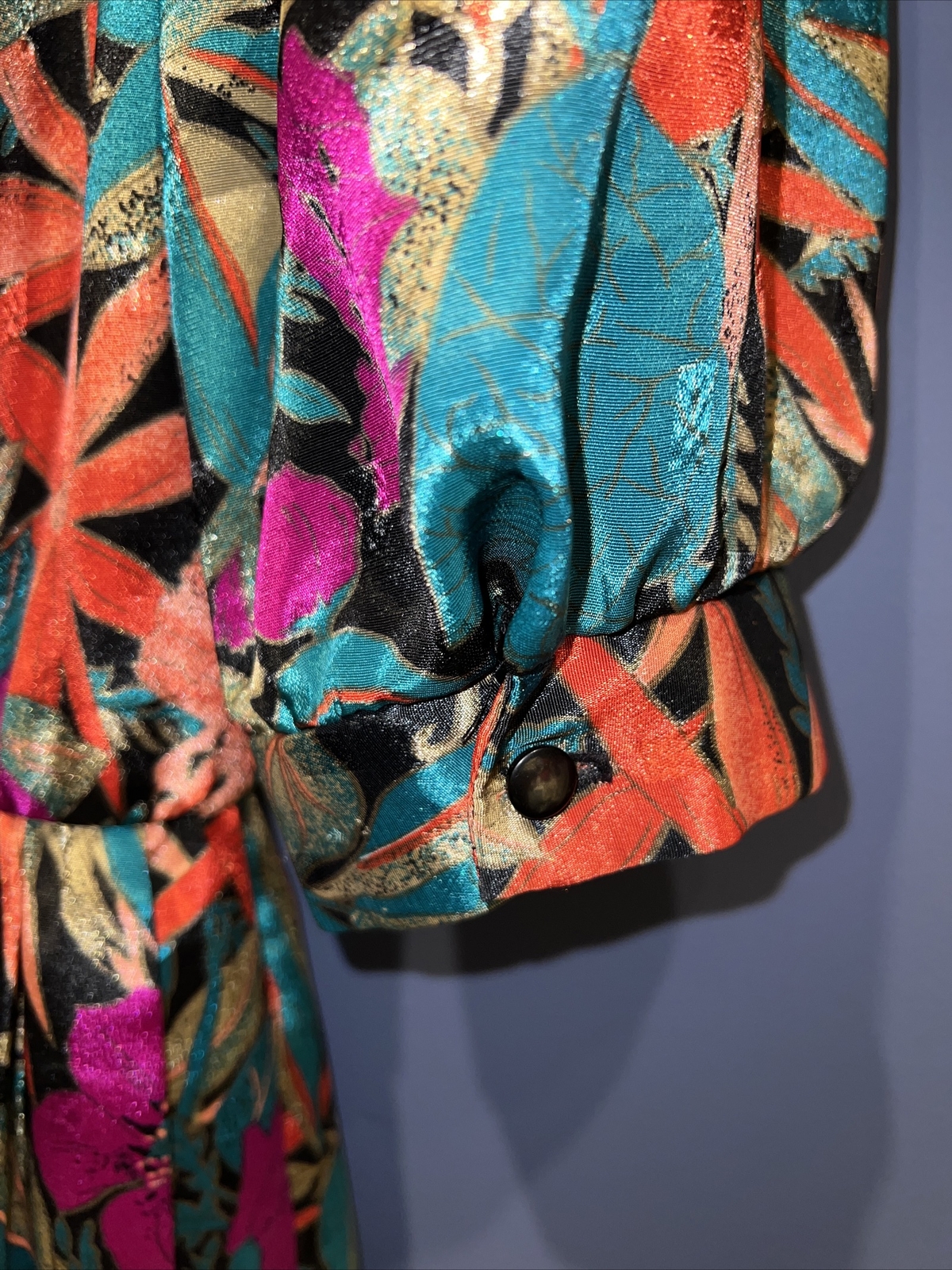 11, 12 Dress, Polyester Secretary 1980’s, Shelly Michaels, Tropical, Pleated Ski