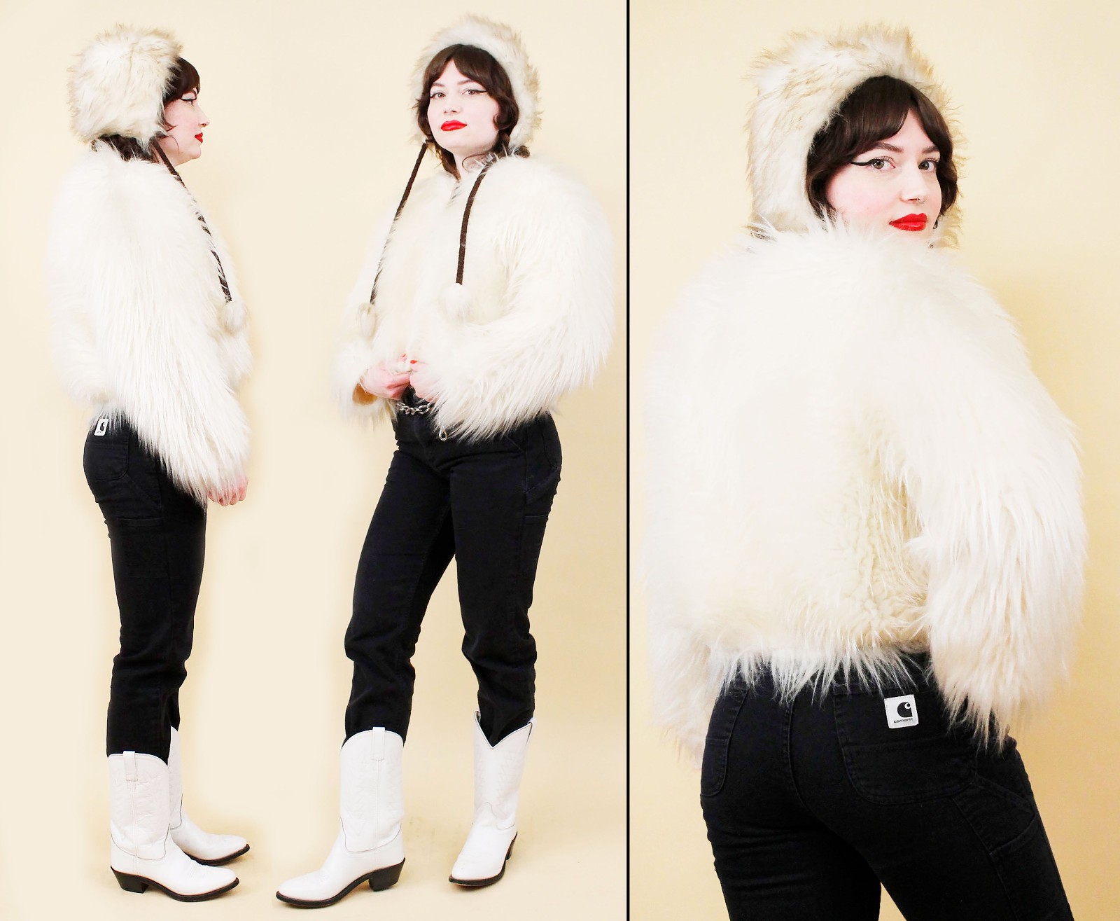 60s 70s Vtg Shaggy Faux Fur White Zip Up Crop Jacket Coat Mod Rocker Glam B34″