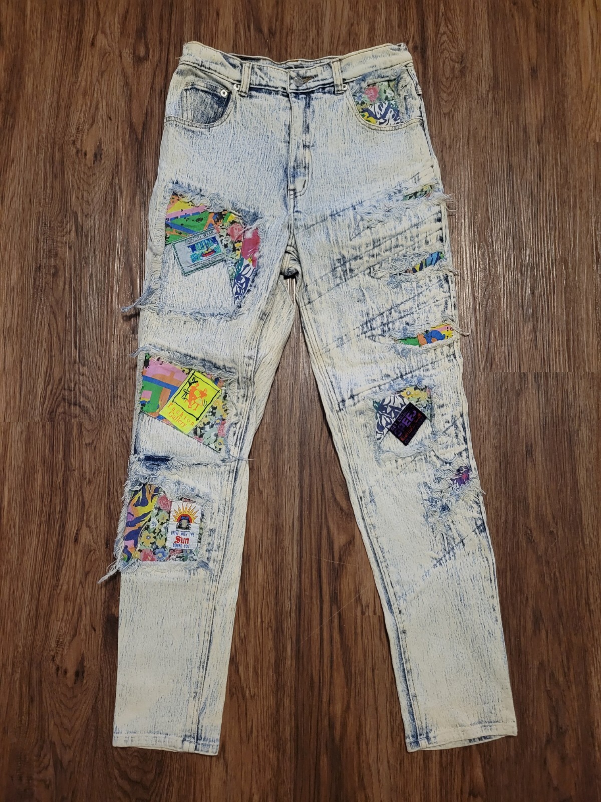 Vintage 90s Acid Stonewashed Jeans Speed Denim Sz 11/12 Frayed Patch Stretch 80s