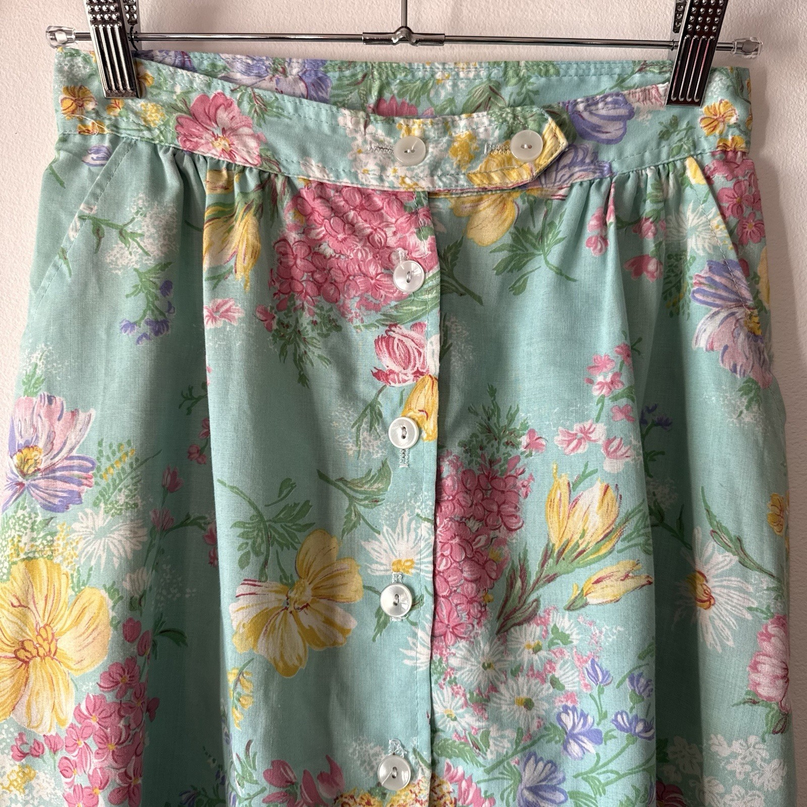 Vintage blue, yellow & pink floral midi skirt with button details & pockets
