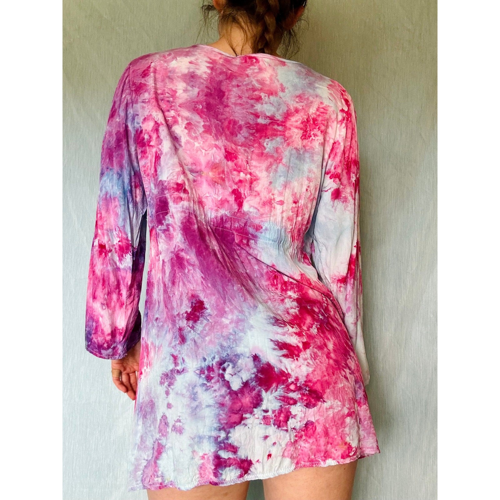 Ice Dyed Pink and Purple Vintage Blouse with Embroidery Boho Tunic Cover Up