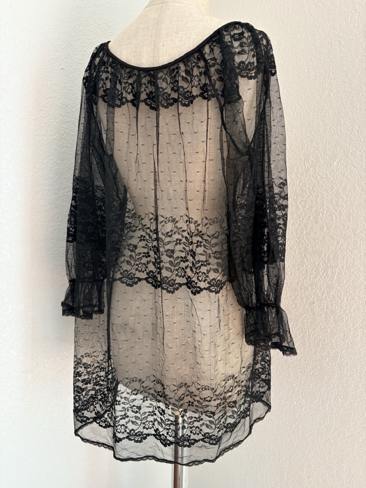 VTG 50s 60s Black Unbranded Peignoir Robe SML Sheer Nylon Lace Chiffon Front Tie