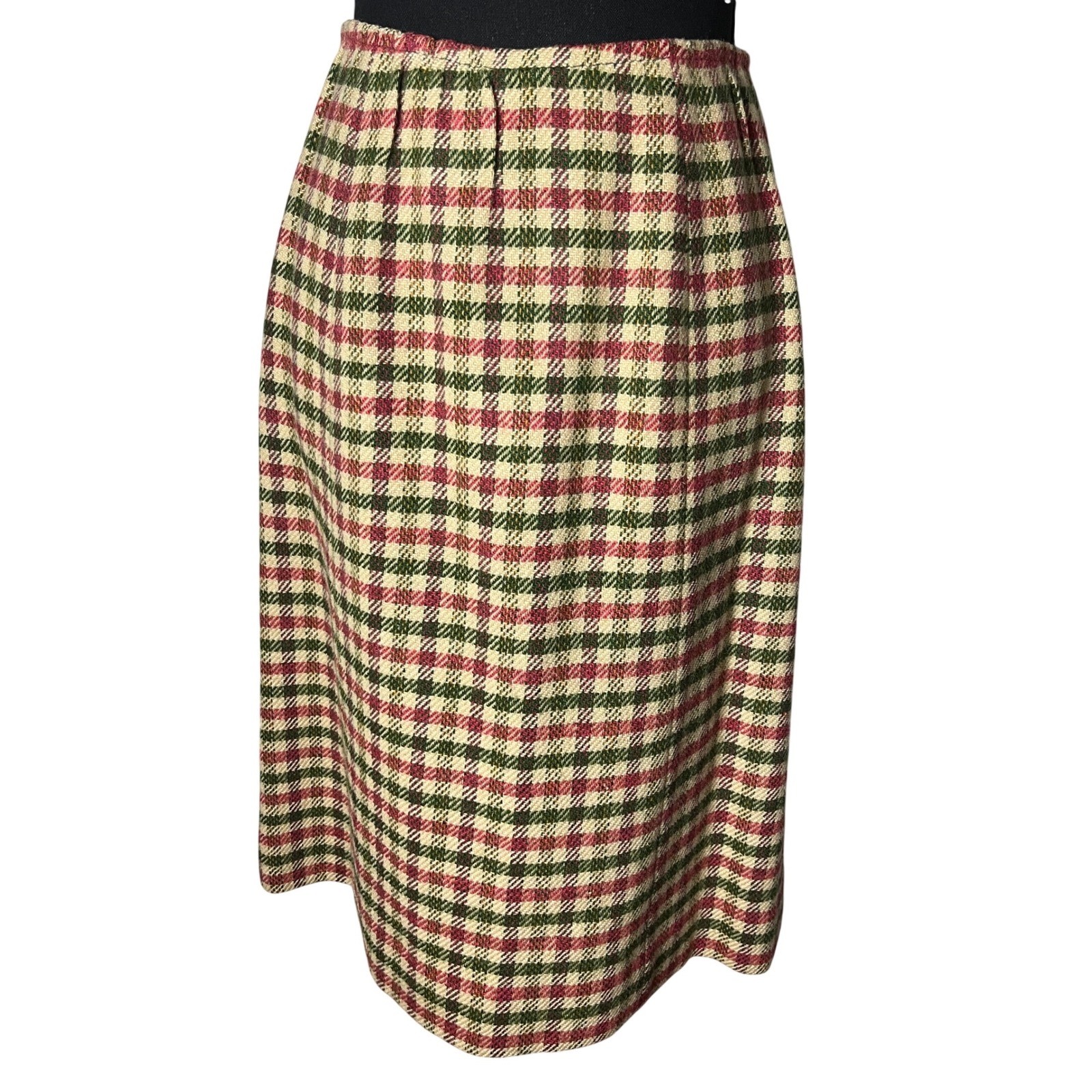 Vtg Check Pendleton Skirt Midi WOOL 70s Preppy Pink/Red Green Tan Sz S Secretary