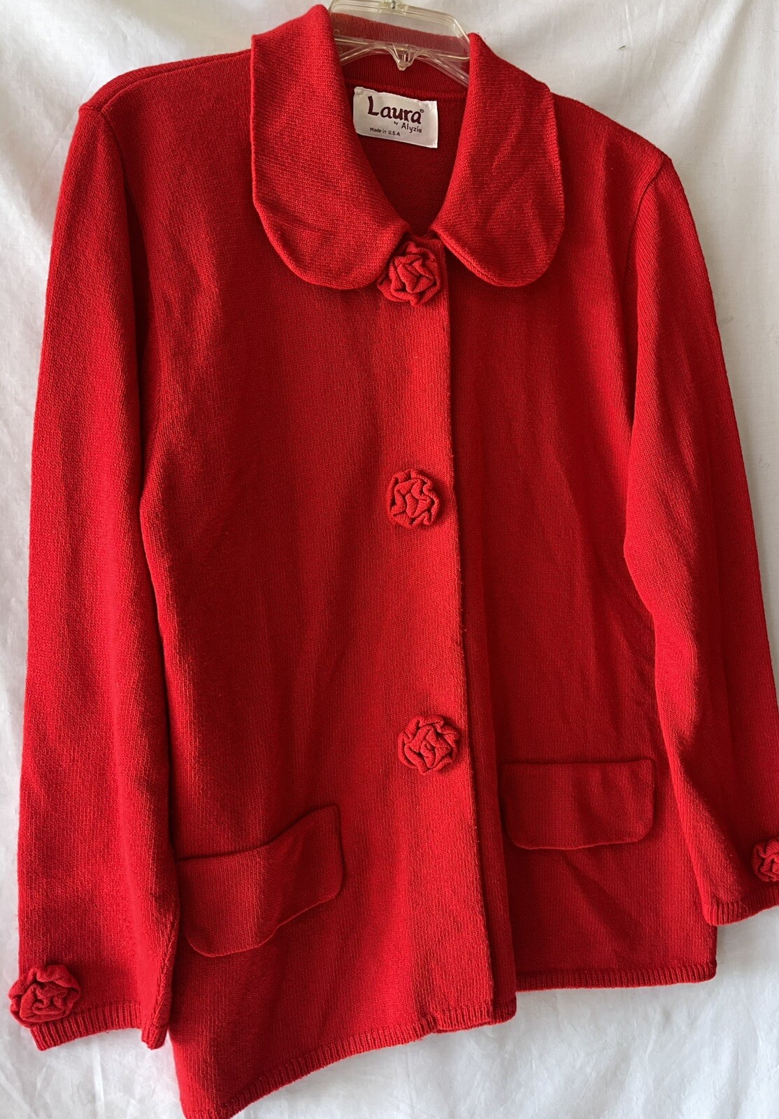 VINTAGE LAURA by ALYZIA, Women’s L Red Cardigan Sweater Knit Flower Accents