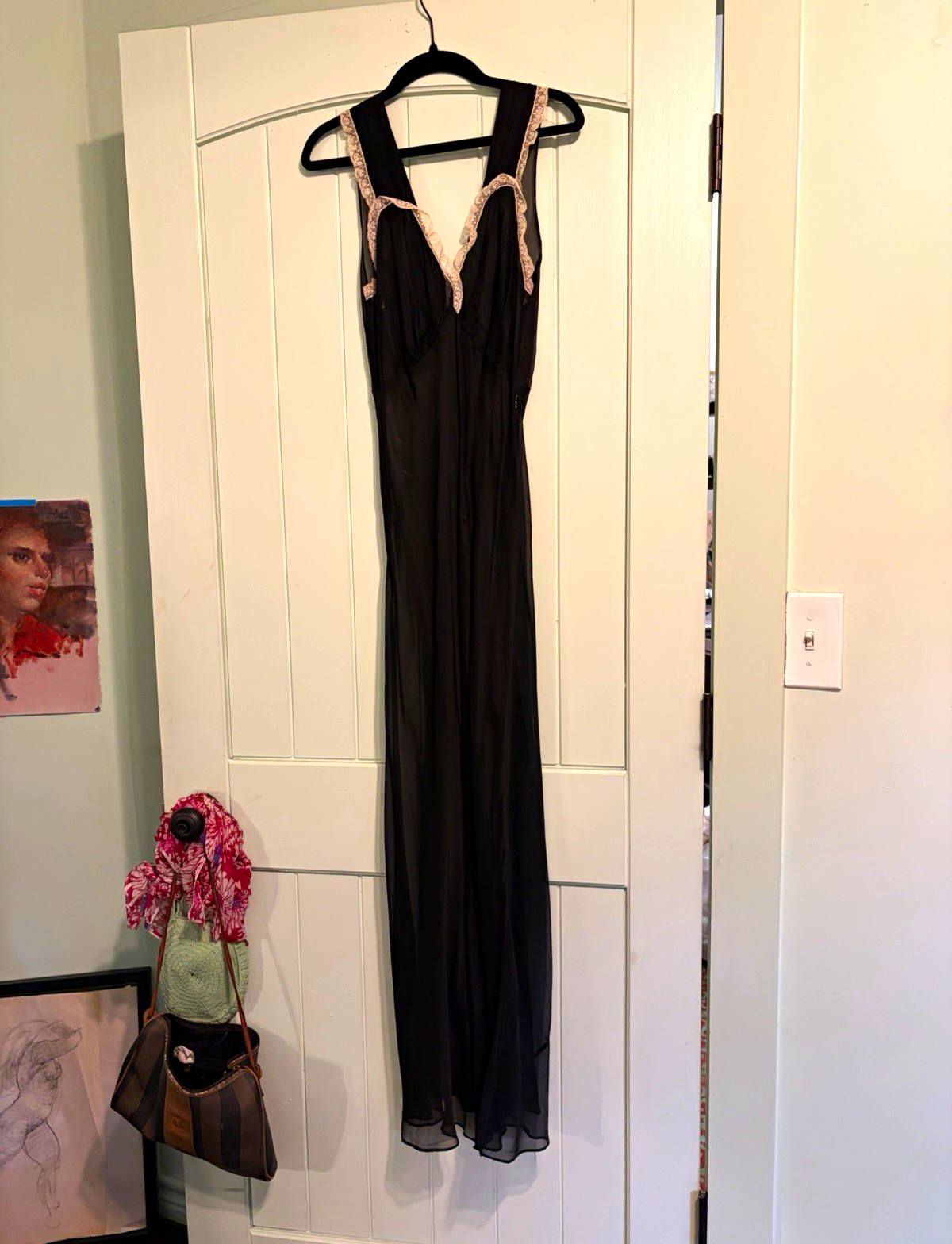 Vintage 1930s Silk Sheer Full Length Slip Nightgown Lingerie with Lace Trim