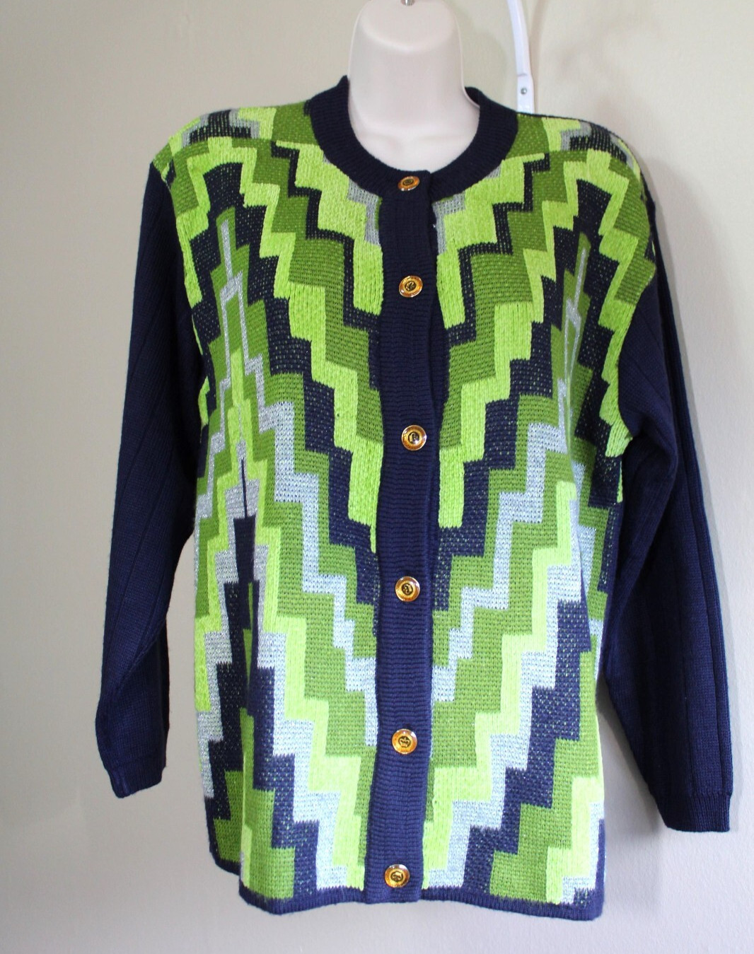 M Vintage 60s d. 1920s Camela Cardigan Art Deco Navy Green Wool Blend Sweater