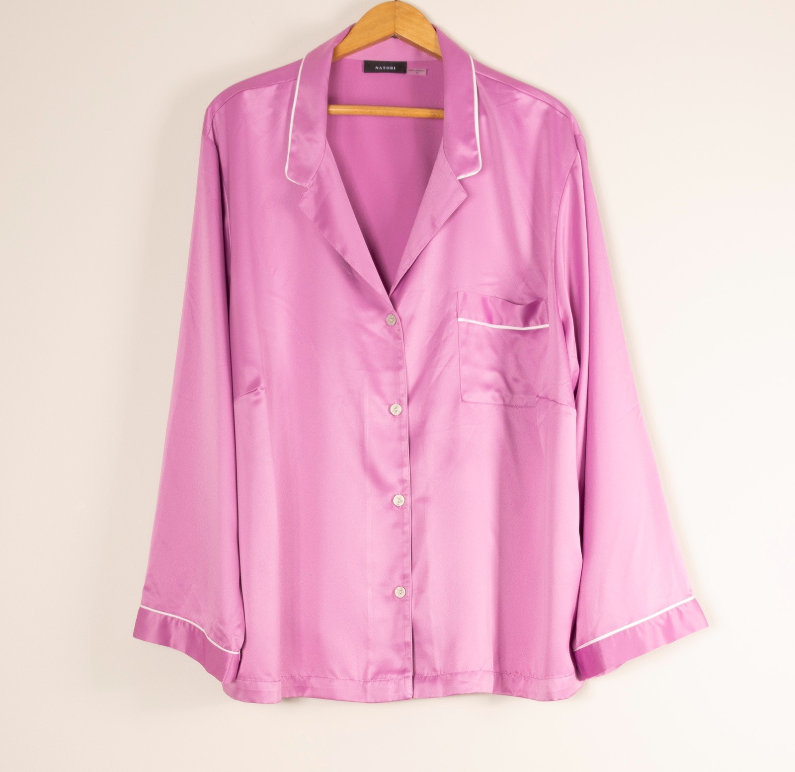 NATORI 2 Piece Pajama Set Pink Shirt Pants Silky Satin Long Sleeve Wide Leg 2X