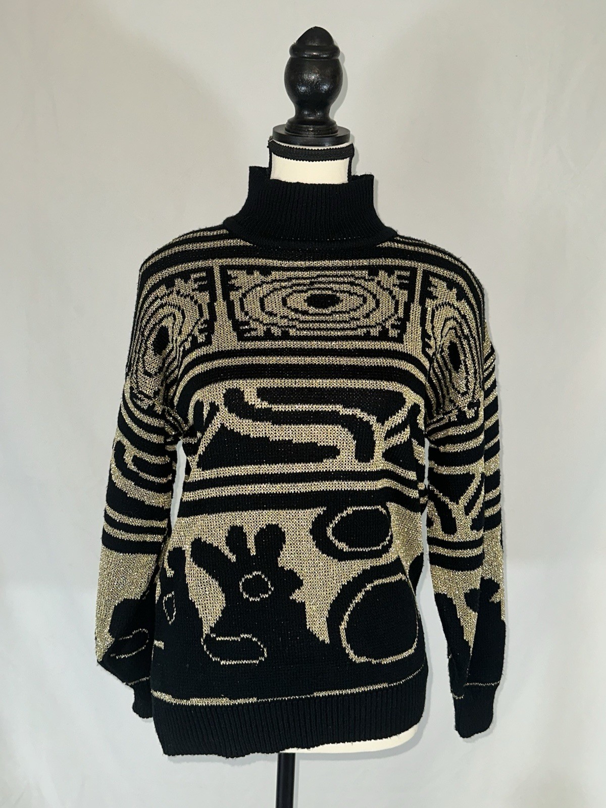 GB • Vintage Black Gold Tribal Oversized Sweater • Metallic Gladys Bagley 80s
