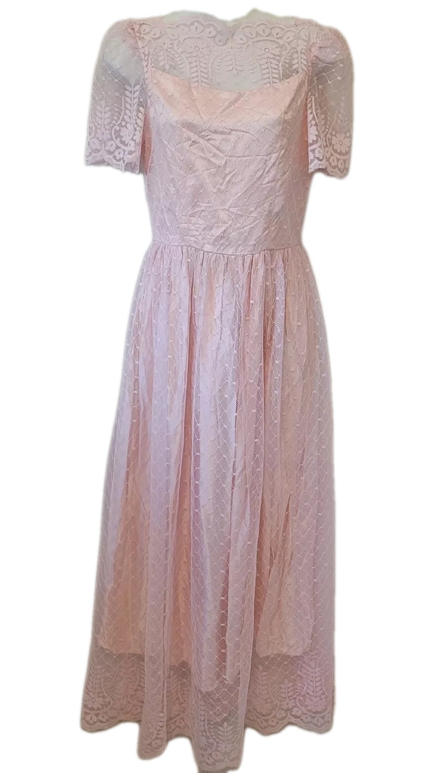VTG Pink Satin Lace 70’s Maxi Dress Lined Slip Sz Medium 7/8 Cottage Coquette