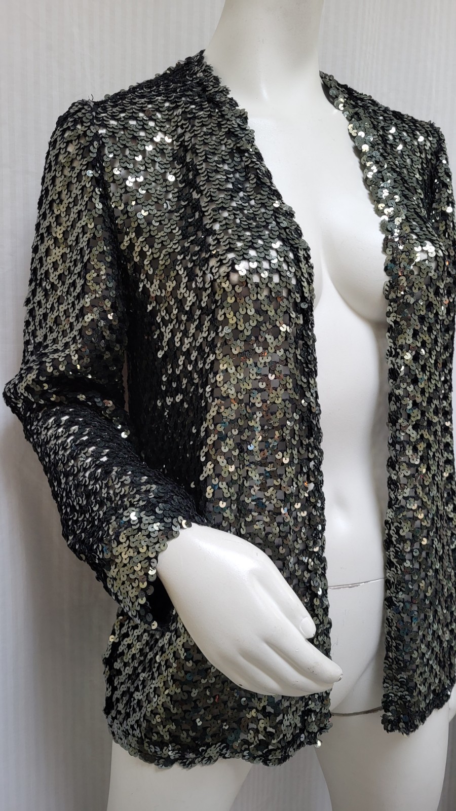 Vintage THREE FLAGGS California Black & Silver Sequined Cardigan Jacket – Size M