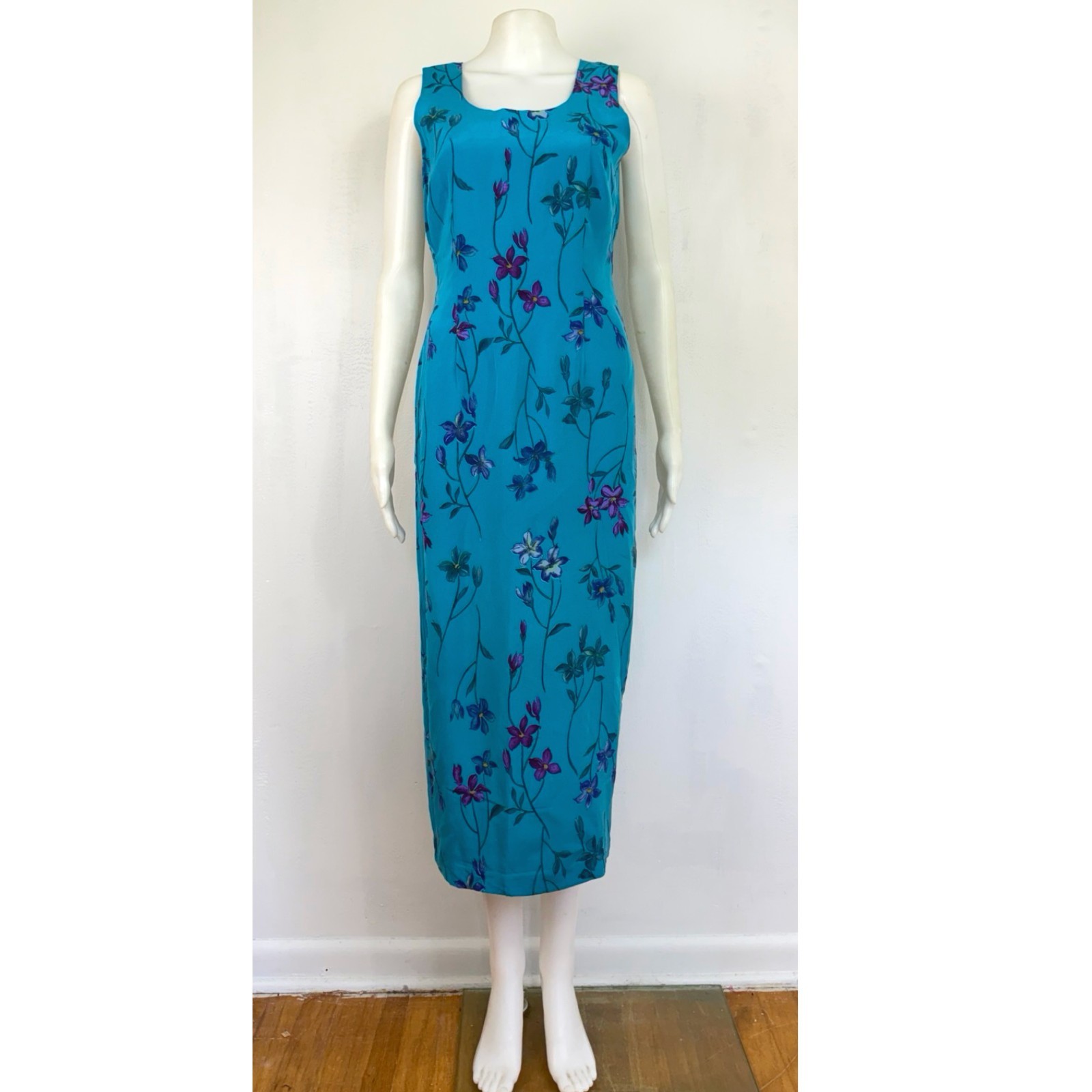 Vintage Bright Blue Floral Silk Dress Size Small 90s Sleeveless Midi Sundress