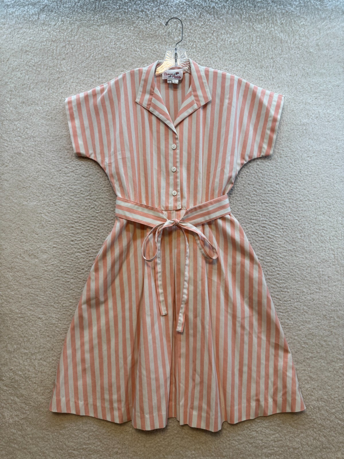 50s 60s Vintage Dress 12 Large Salmon Pink Vertical Striped Retro Rockabilly