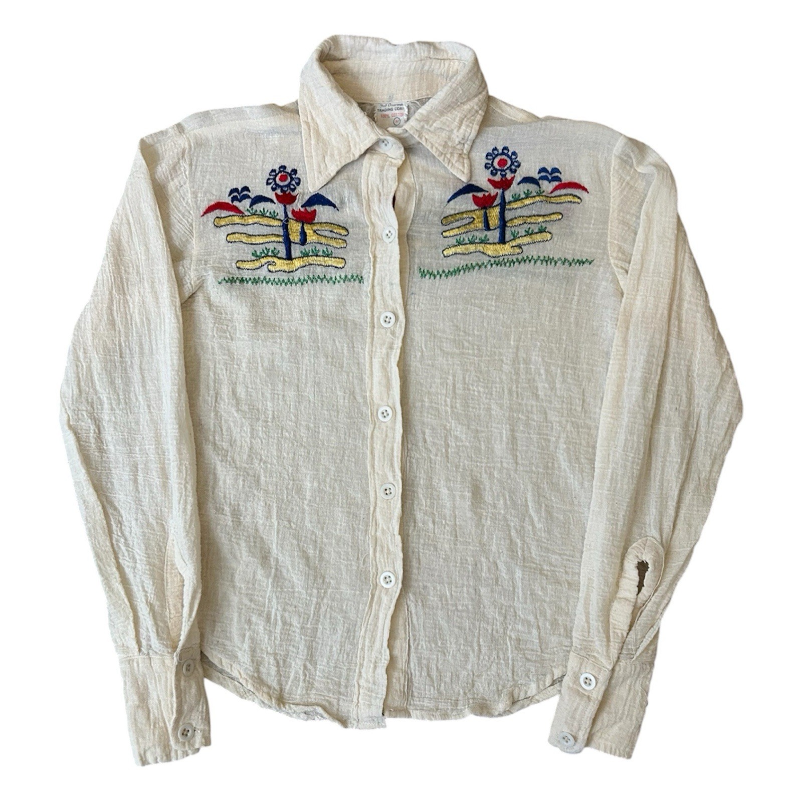 VTG 1970s Scenic Floral Embroidered White Gauze Cotton Button Up Womens Sz M