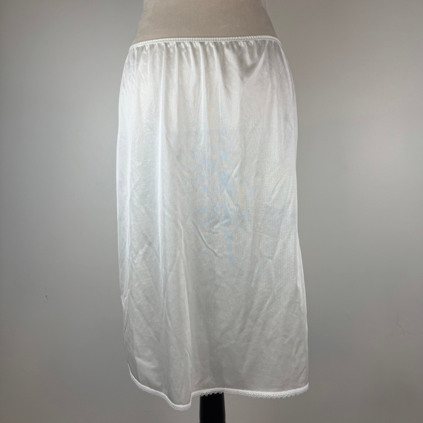 Retro White Satin Womens Nylon Half Slip Skirt Lace Trim Side Slit Elastic Waist