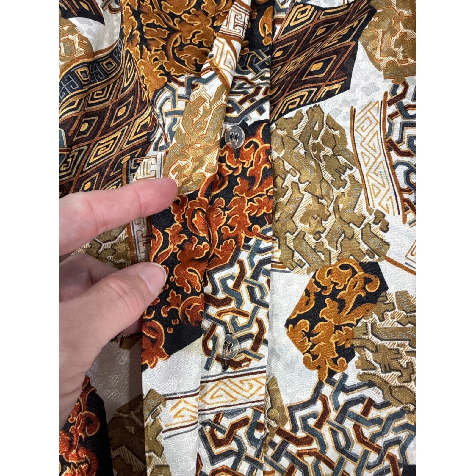 Vintage Notations Petite Baroque Geometric Secretary Blouse Gold Rust Black 8P