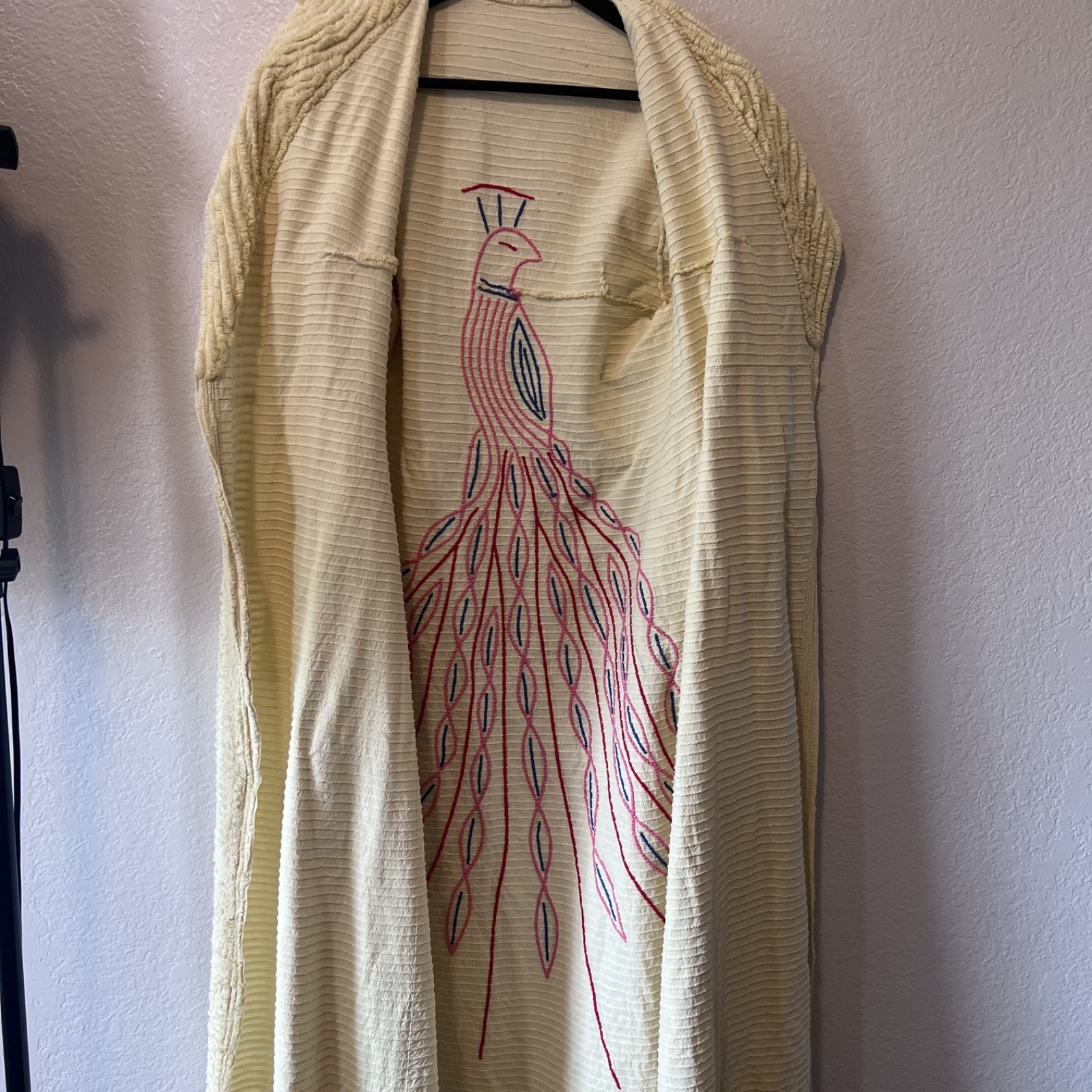Vintage Peacock Chenille Bath Robe Long Yellow Housecoat Cottage 40s 50s READ
