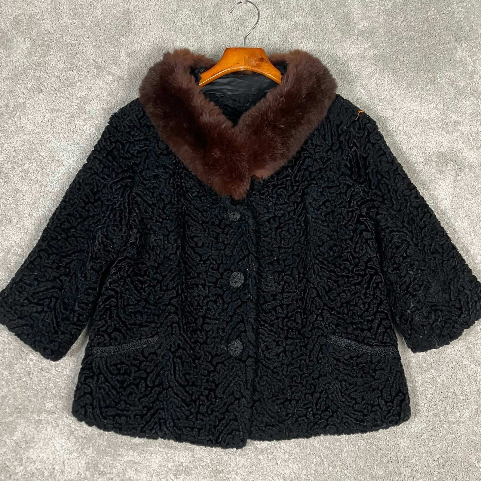 Vintage Black Persian Lamb Fur Trim Curly Swirl Wool Coat Jacket Women