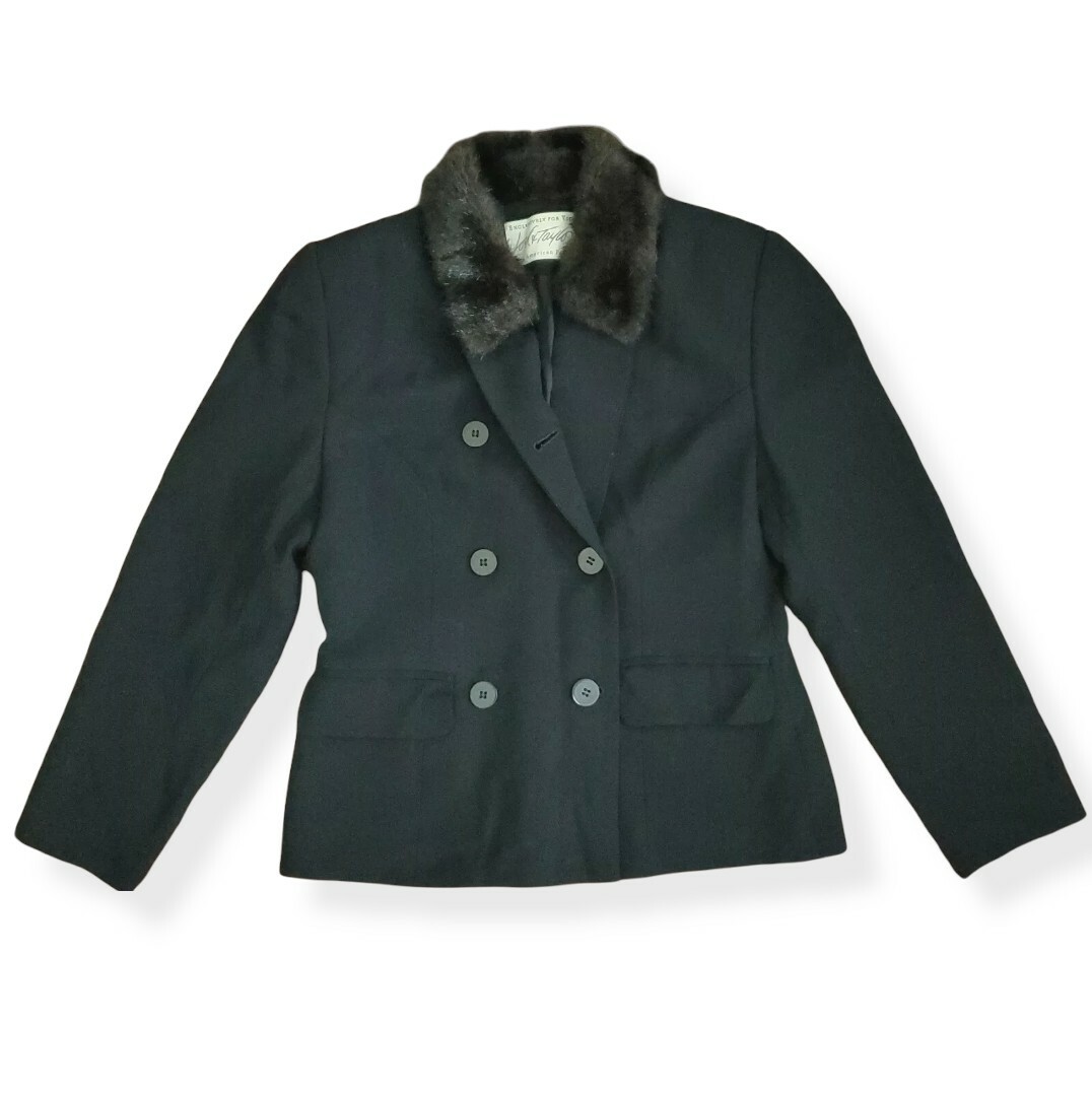 Lord Taylor Womens Blazer Jacket Coat Peacoat 2P Wool Black Fur Collar Vintage