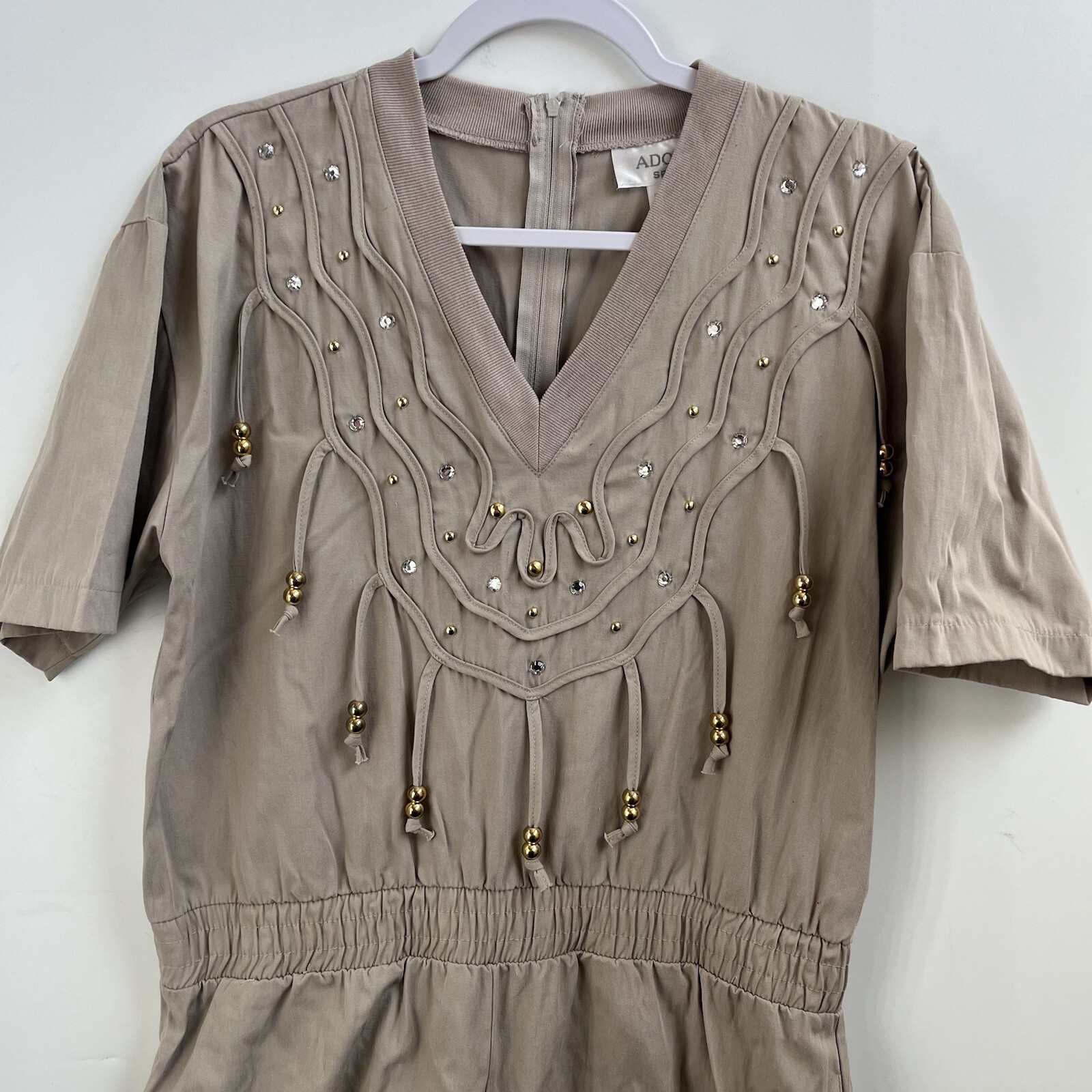 Vintage 80’s Adolfo Sport Khaki Romper Elastic Waist Beading/Studs/Rhinestones