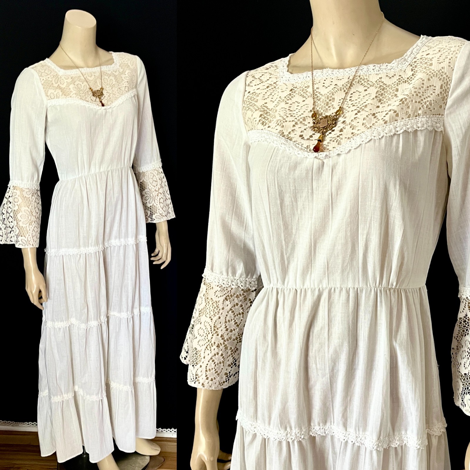Off White 1970s Cottage Core Renaissance Style Maxi Dress by Peggy Barker, Small
