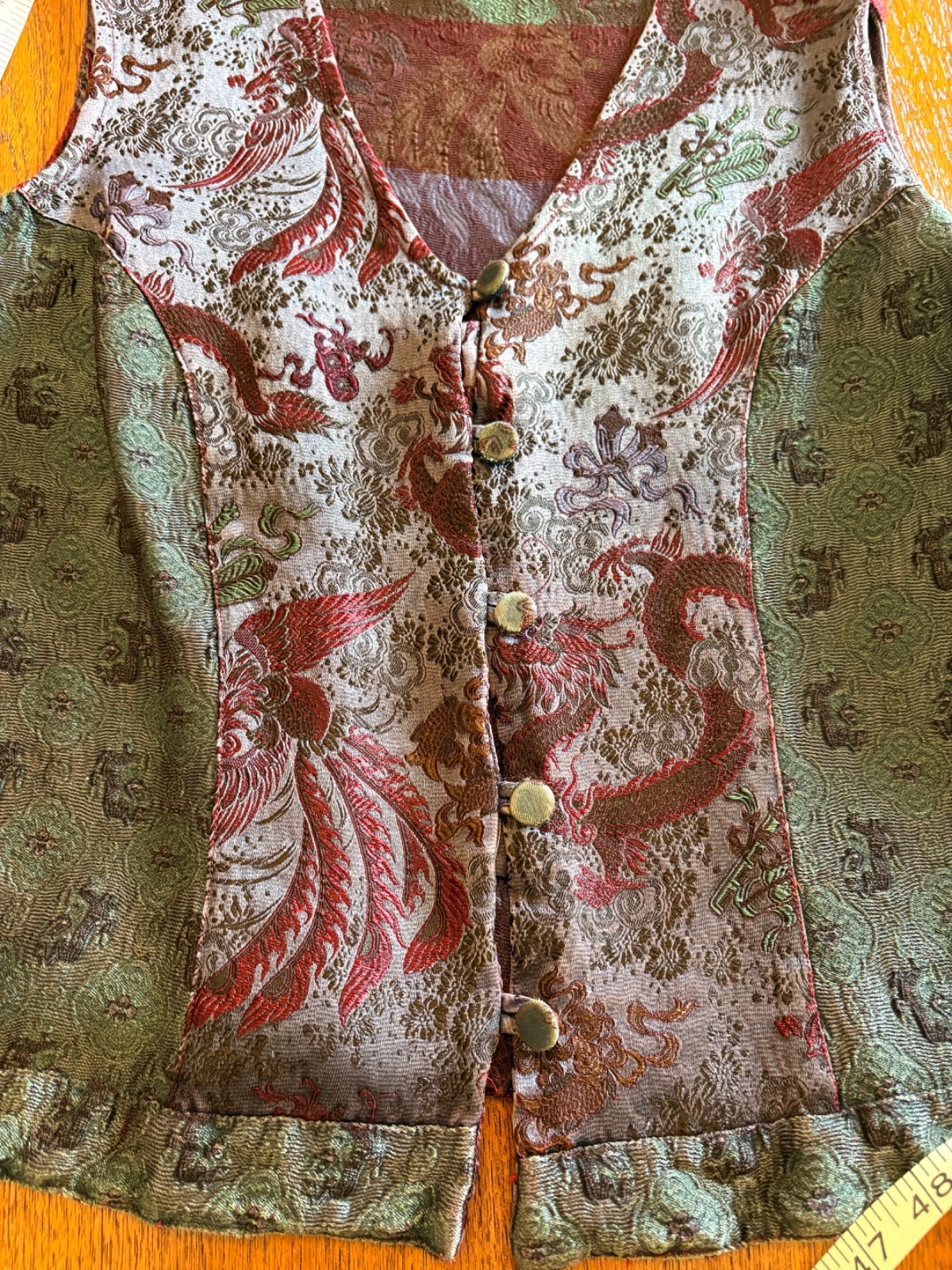 Vintage 90s Y2k Silk Artisan Patchwork Citron Santa Monica Vest M Boho Jacquard