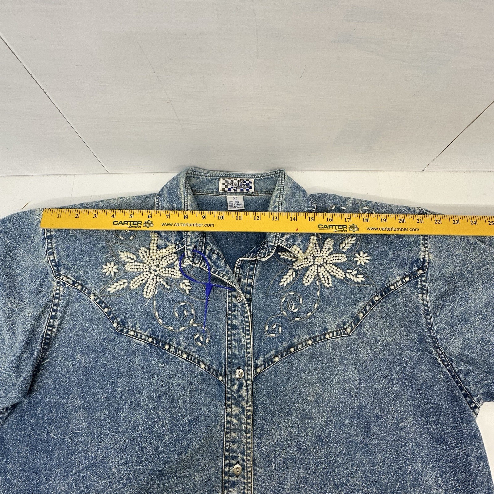 VTG Pretty Bleu Womans Floral Embellished AcidDenim WashWestern RetroTop L READ