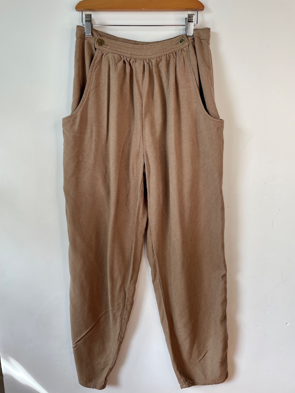 VTG FAT HAT HIPPY BOHO TAN WOVEN SILK GAUZE PLEATED LEG TAPERED HAREM PANTS*XS