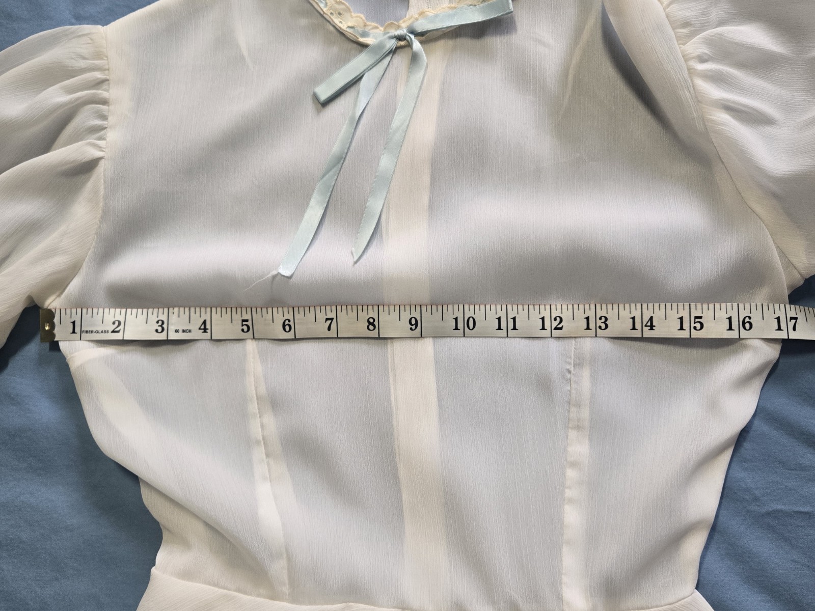 Vintage Simple White Puff Sleeve Circle Skirt Dress with Blue Ribbon Handmade