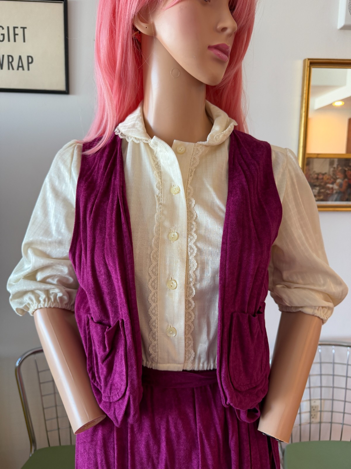 🍷 Vtg 70s Faux Suede Plum Vest Skirt Set Sheer Lace Blouse 3pc M Dress