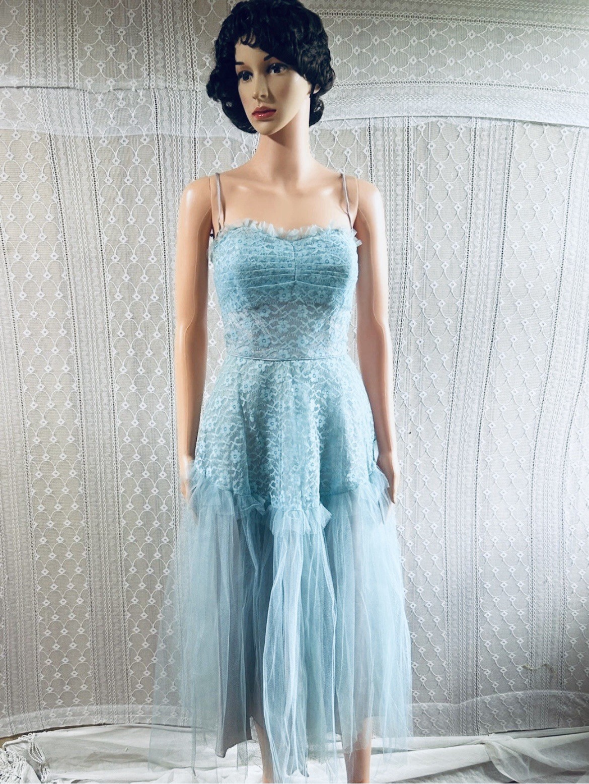 Vintage 1950s Party Dress Bridal Cupcake Prom Dress With Straps & Scarf Tulle
