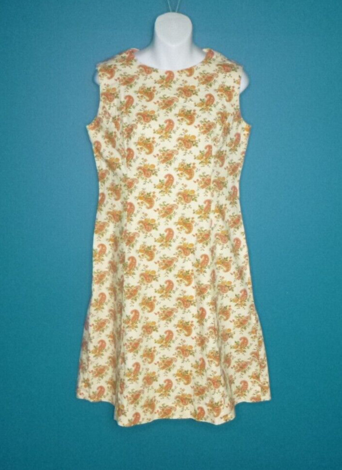 Vtg 60s Heavy Cotton Shift Dress Orange GOld Flowers & Paisleys Sz M/L