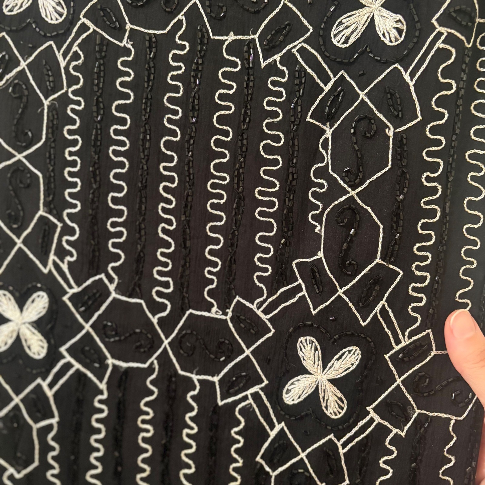 Black White 100% Silk Beaded Sequin Mini Dress Low Back Art Deco Nouveau Glam M