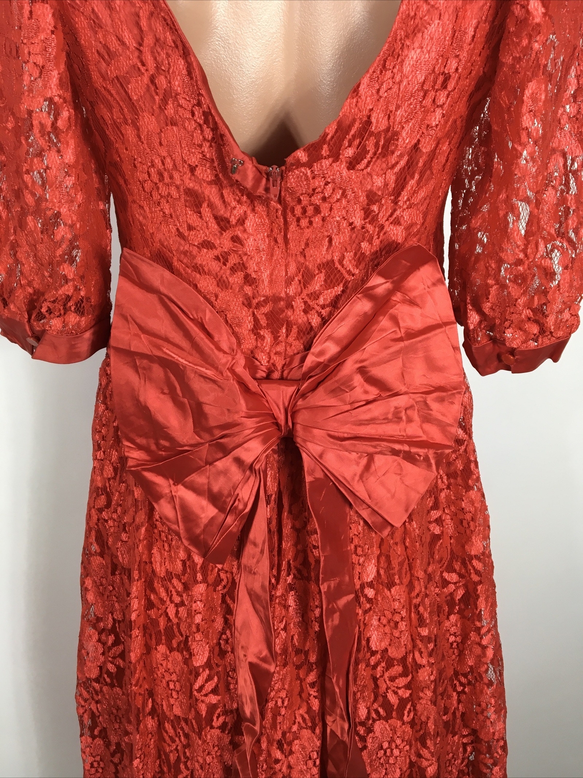 VTG 80s Prom Red LACE PUFFY BUBBLE SLEEVE Party Formal Bows Evening Dress Gown S