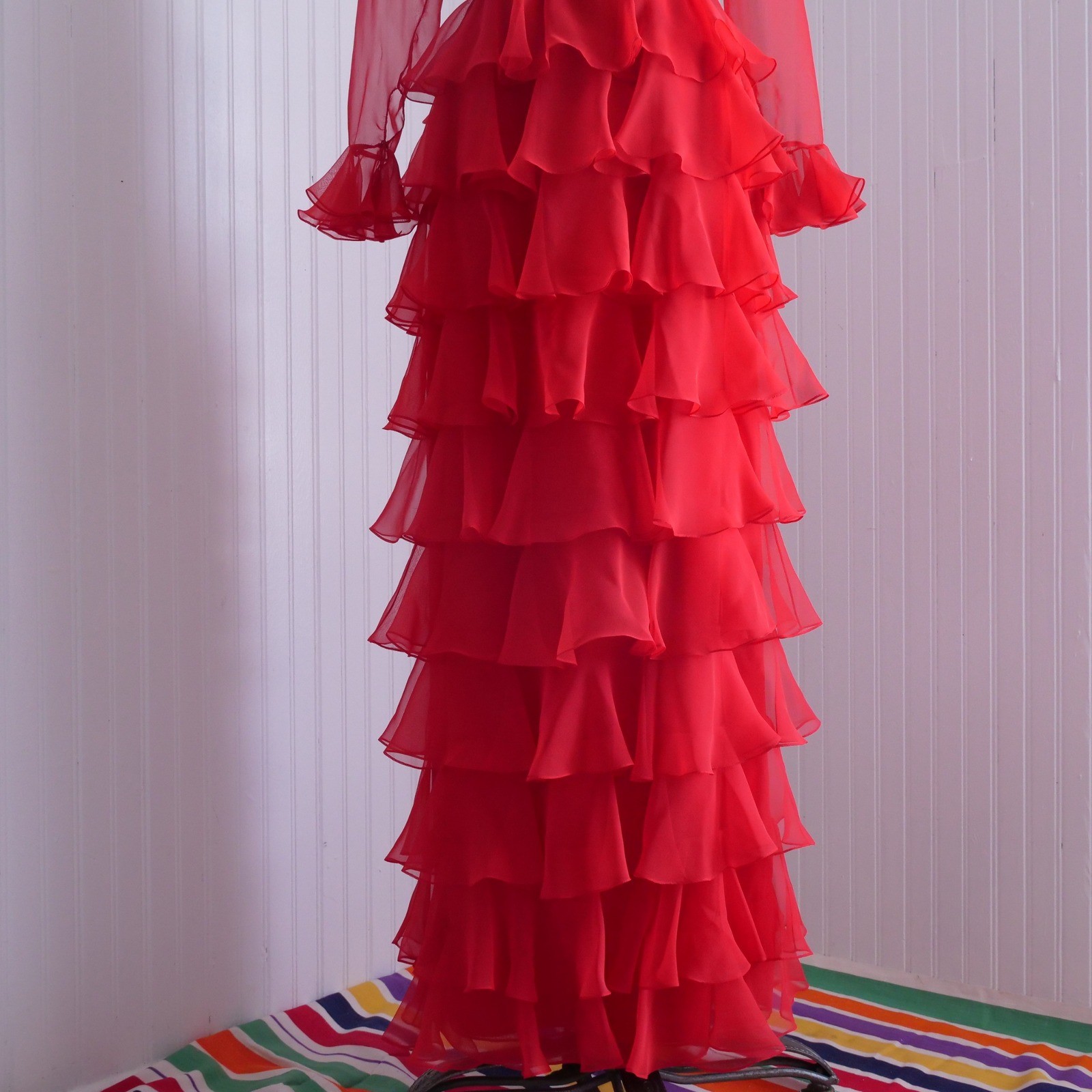 Stunning rare vintage 70s Jill Richards red chiffon ruffle maxi dress gown