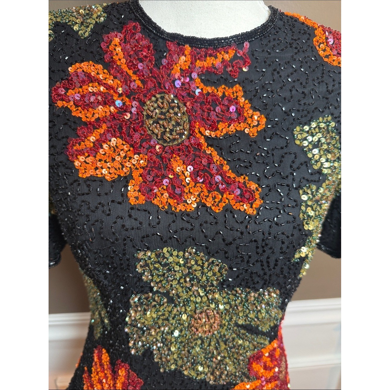 Vintage Silk Beaded Floral Top Black Sequin Scalloped Fitted M