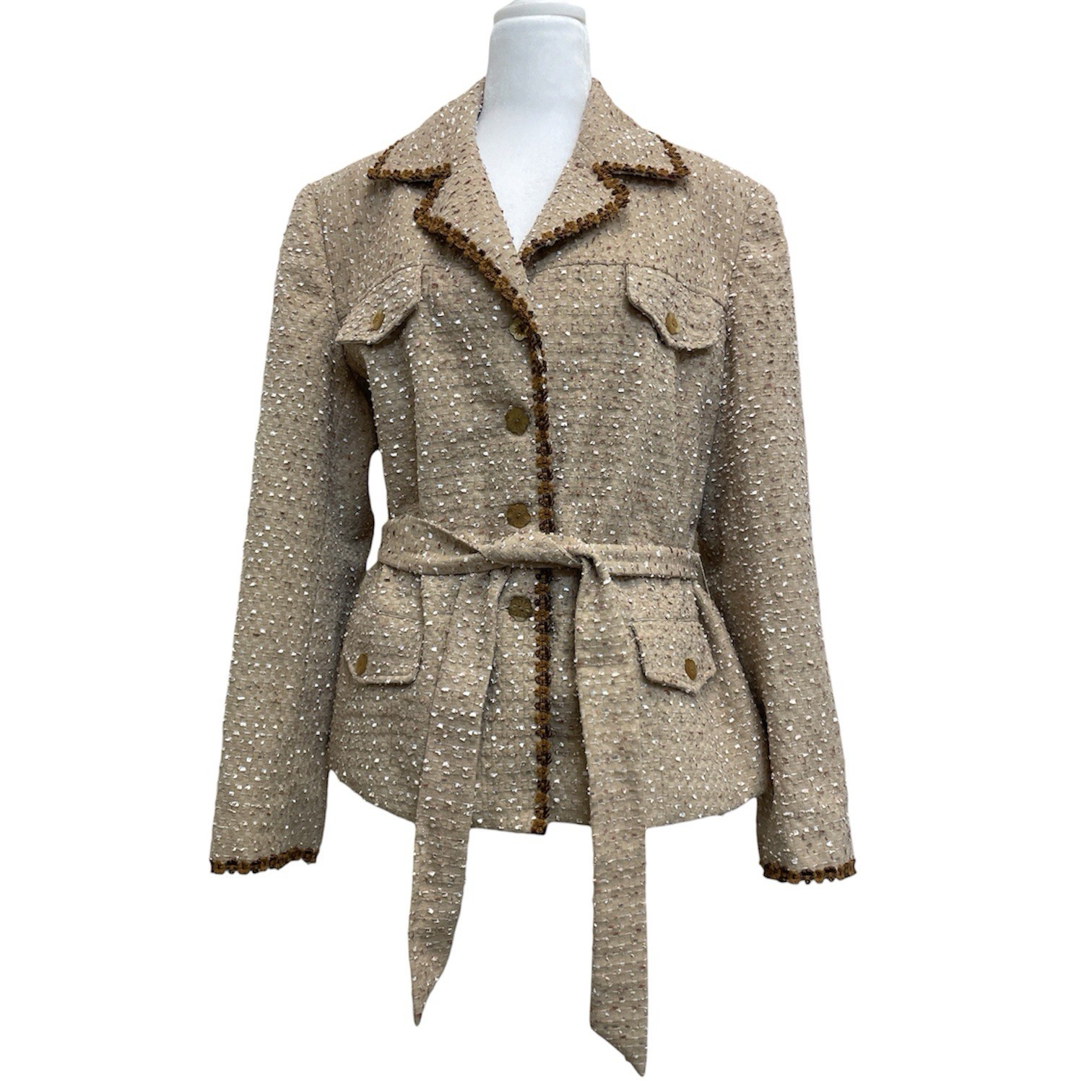 Lew Magram Collection Beige & Pink Ribbon Tweed Flower Button Blazer sz 18