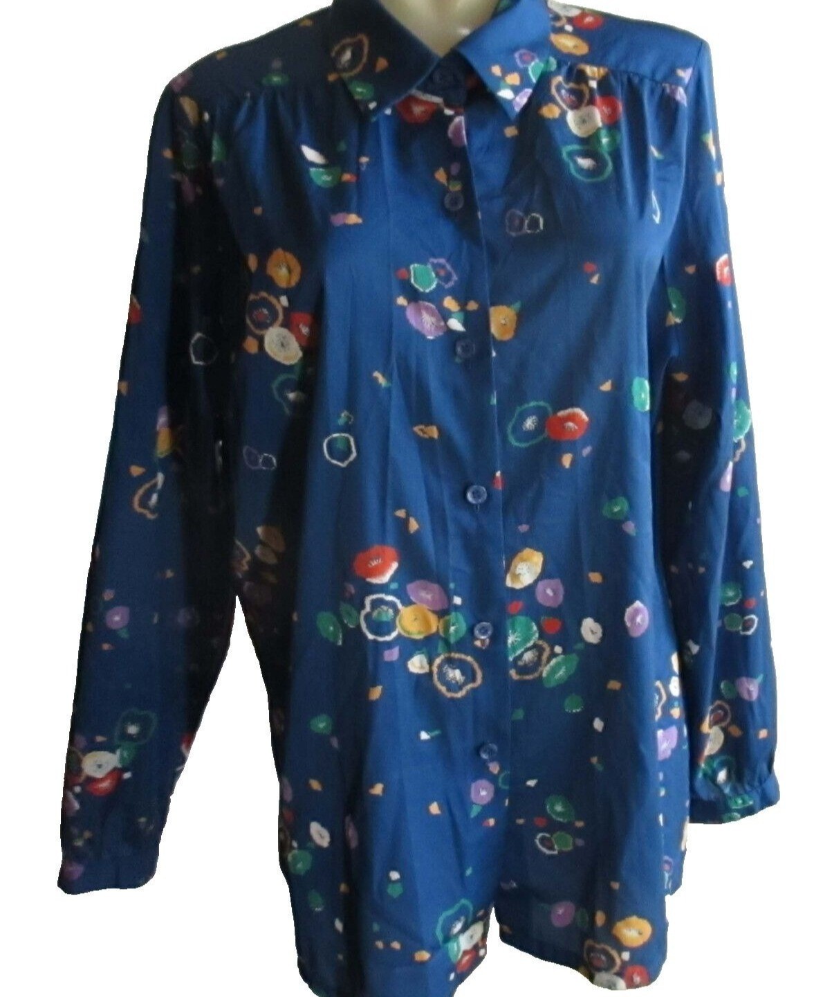Vintage Button-Up Shirt 16 1X XL 1970s Blue Floral James Kenrob Dalton Womens