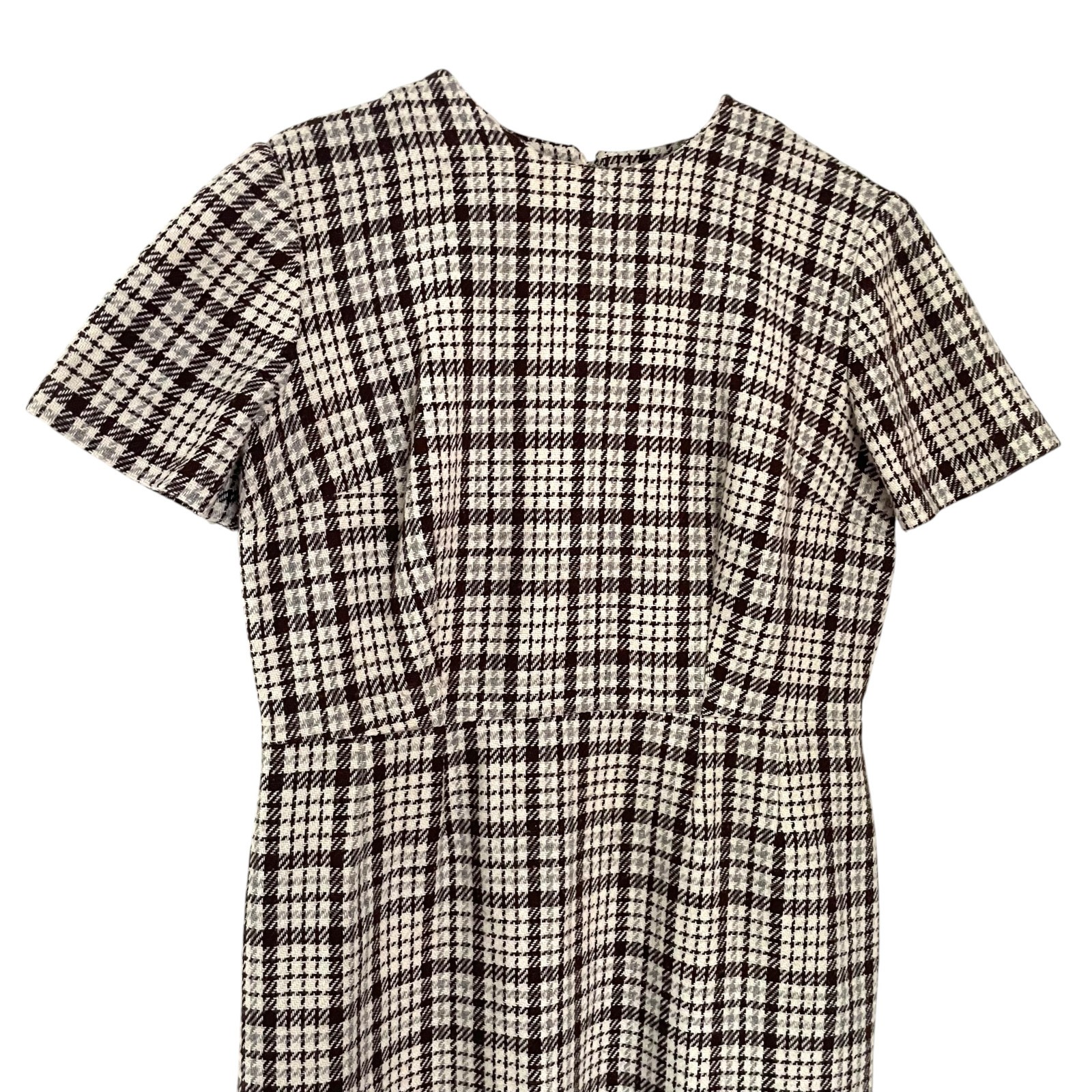 Vintage 60s Shift Sheath Dress Medium Cream Brown Houndstooth Plaid Mod Mad Men