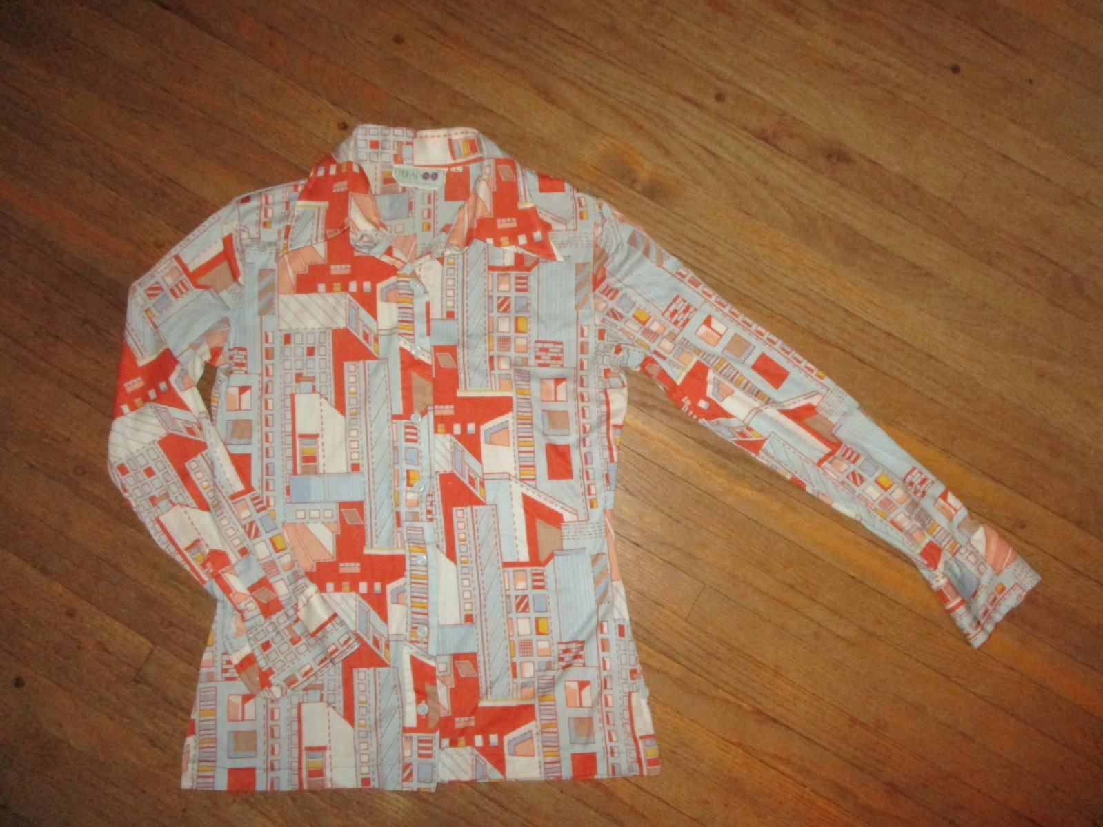 vtg 70s women HUK-A-POO POLYESTER DISCO SHIRT Geometric Pop Art 34-36 in chest