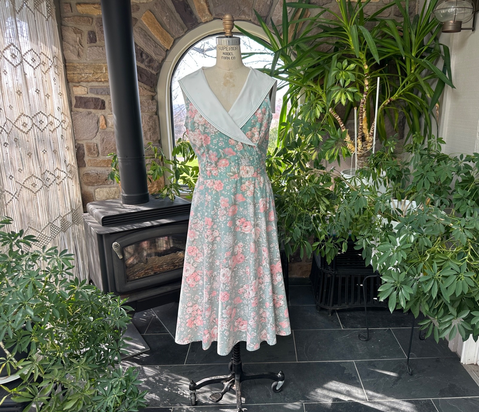 Vintage 1980s White Pink Green Floral Cotton Garden Party Dress