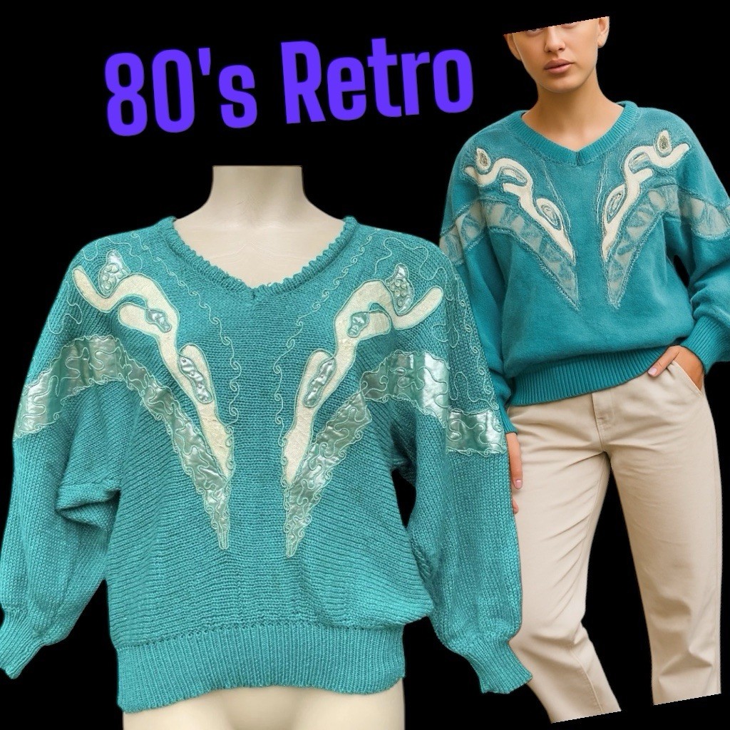 VTG 80s 90s Teal Metallic Embellished Gold Batwing Turtleneck Sweater Glam Retro