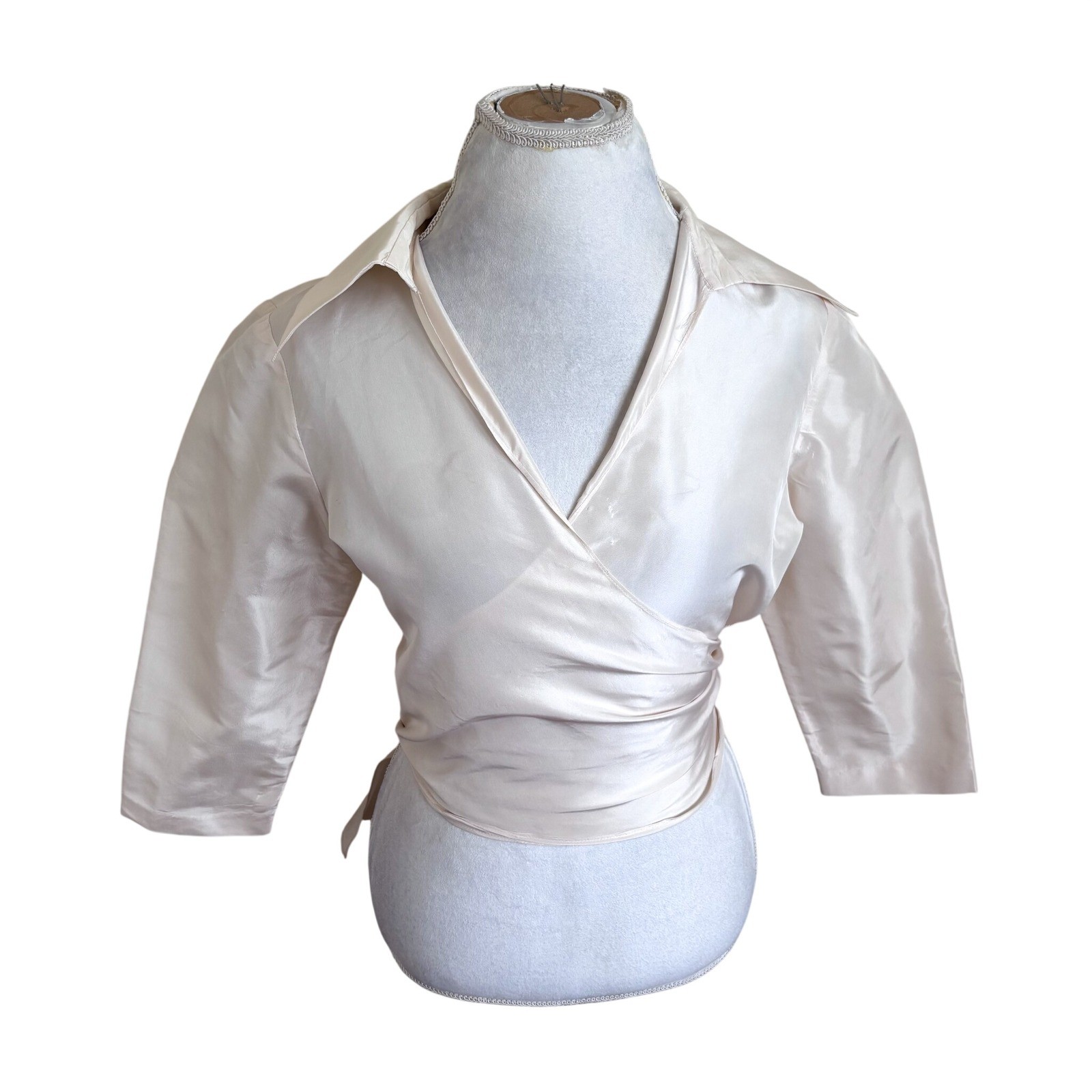 Watters & Watters Womens Vintage Silk Wrap Blouse 10 Ivory Bridal Cropped Top