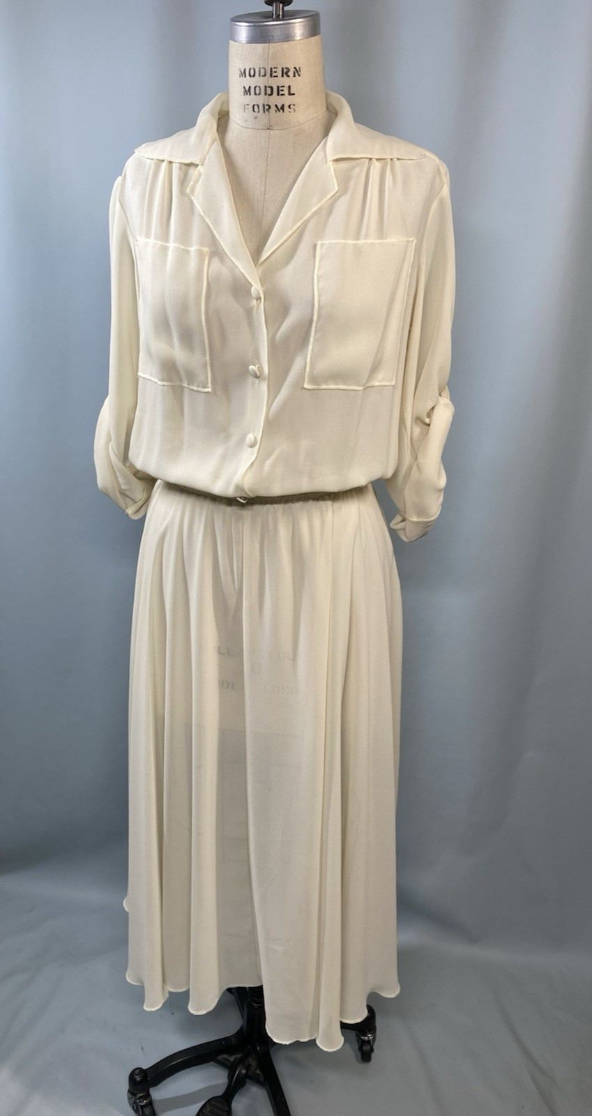 Vintage Dress SIZE 11/12 LARGE ivory white georgette chiffon DIDA 70s 80s sheer
