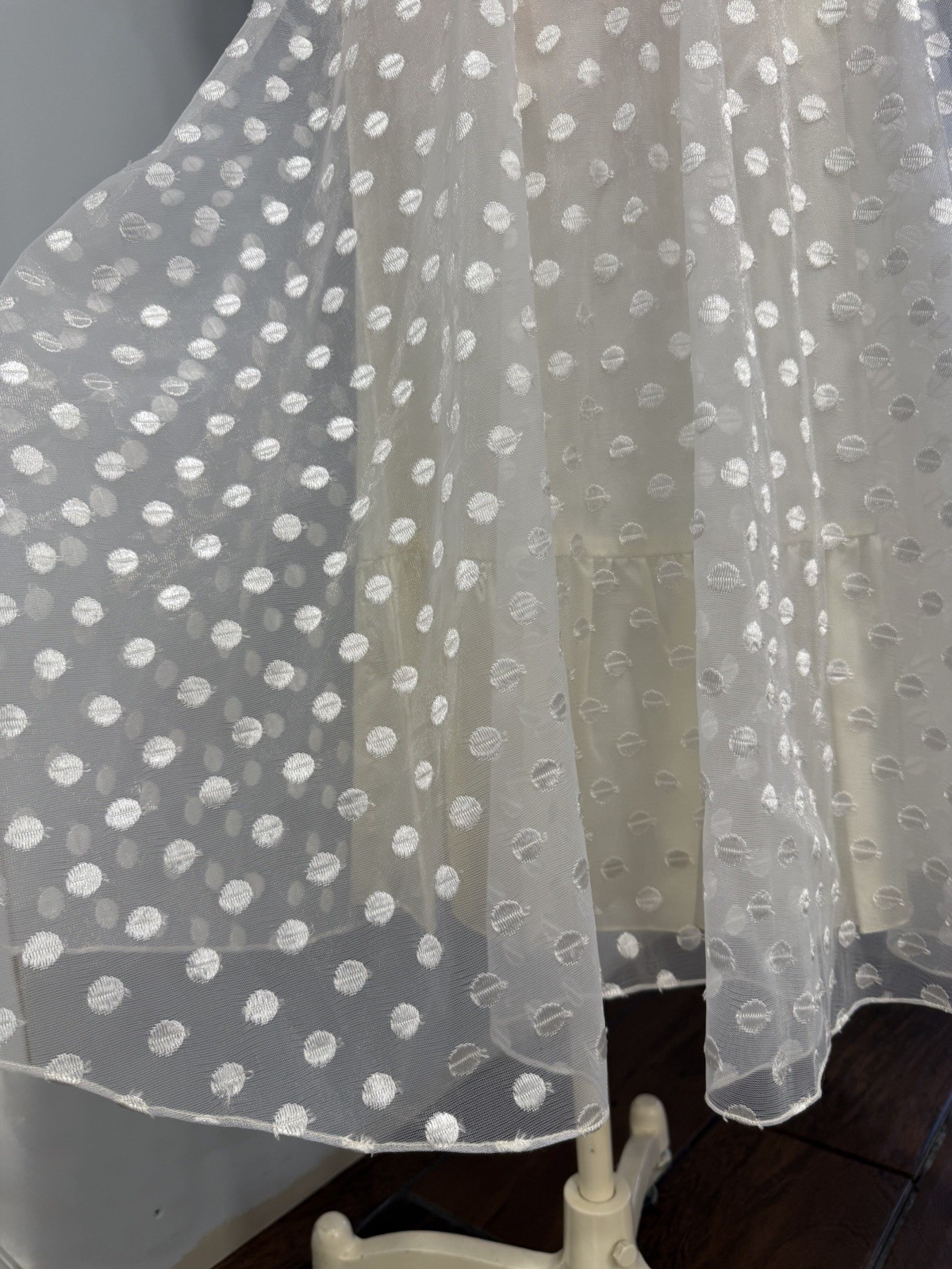 1950s Warren Petites Ivory Polka Dot Tulle Illusion Dress Tea Length Size 6