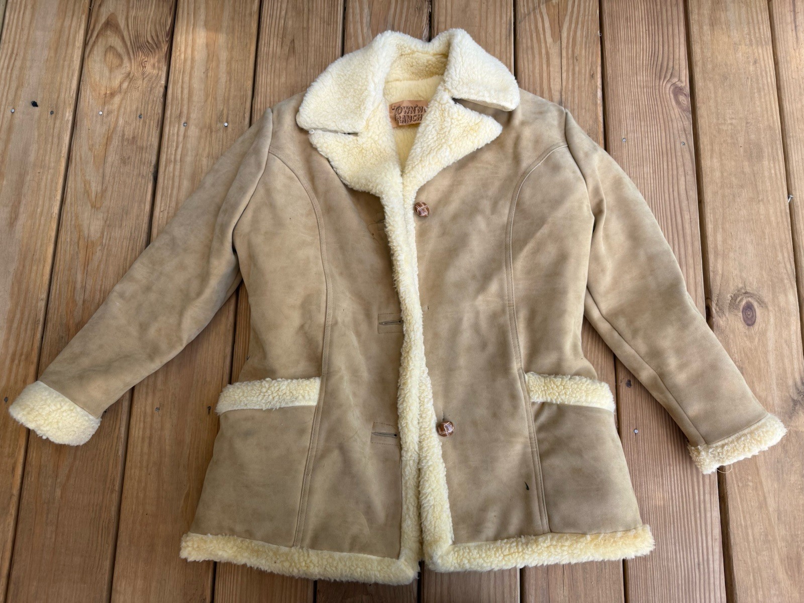 Vtg 70’s Town N Ranch Beige SHERPA Lined Faux SUEDE Western Jacket Winter Coat M